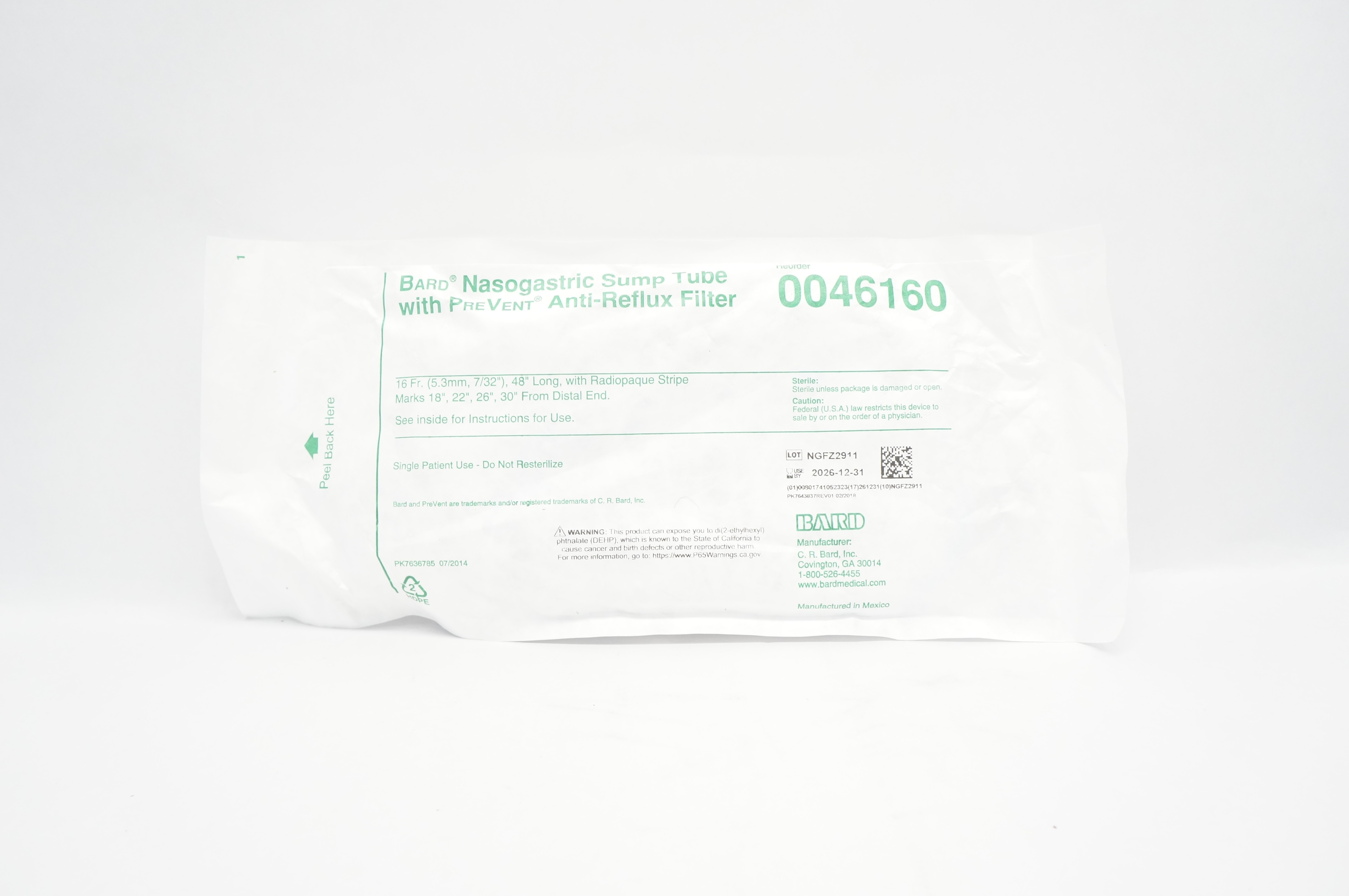 Bard 0046160 Nasogastric Sump Tube w/PreVent Anti-Reflux Filter 16Fr. x 48inch