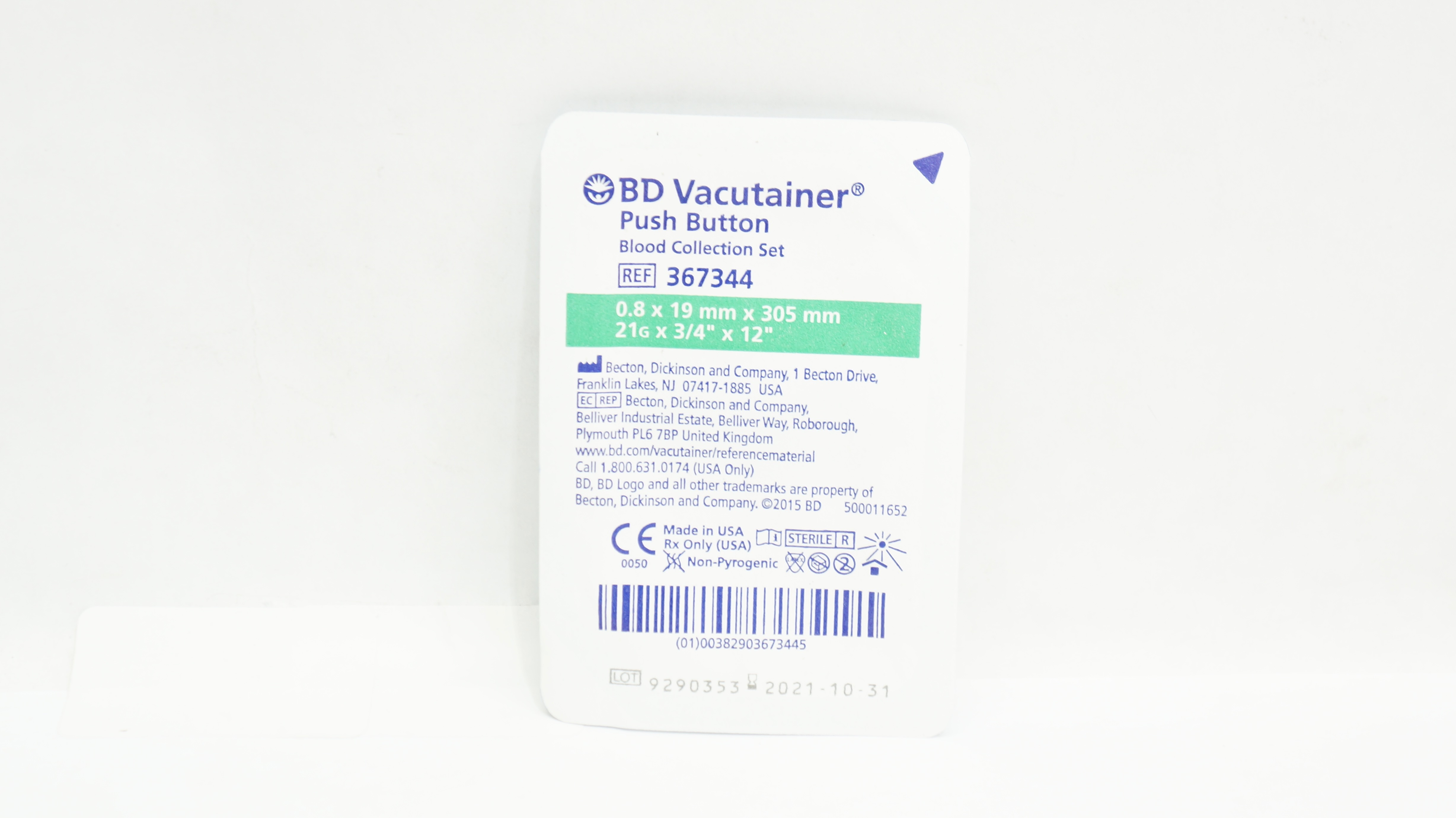 BD 367344 Vacutainer Push Button Blood Collection Set 21G x 3/4inch x 12inch (x)