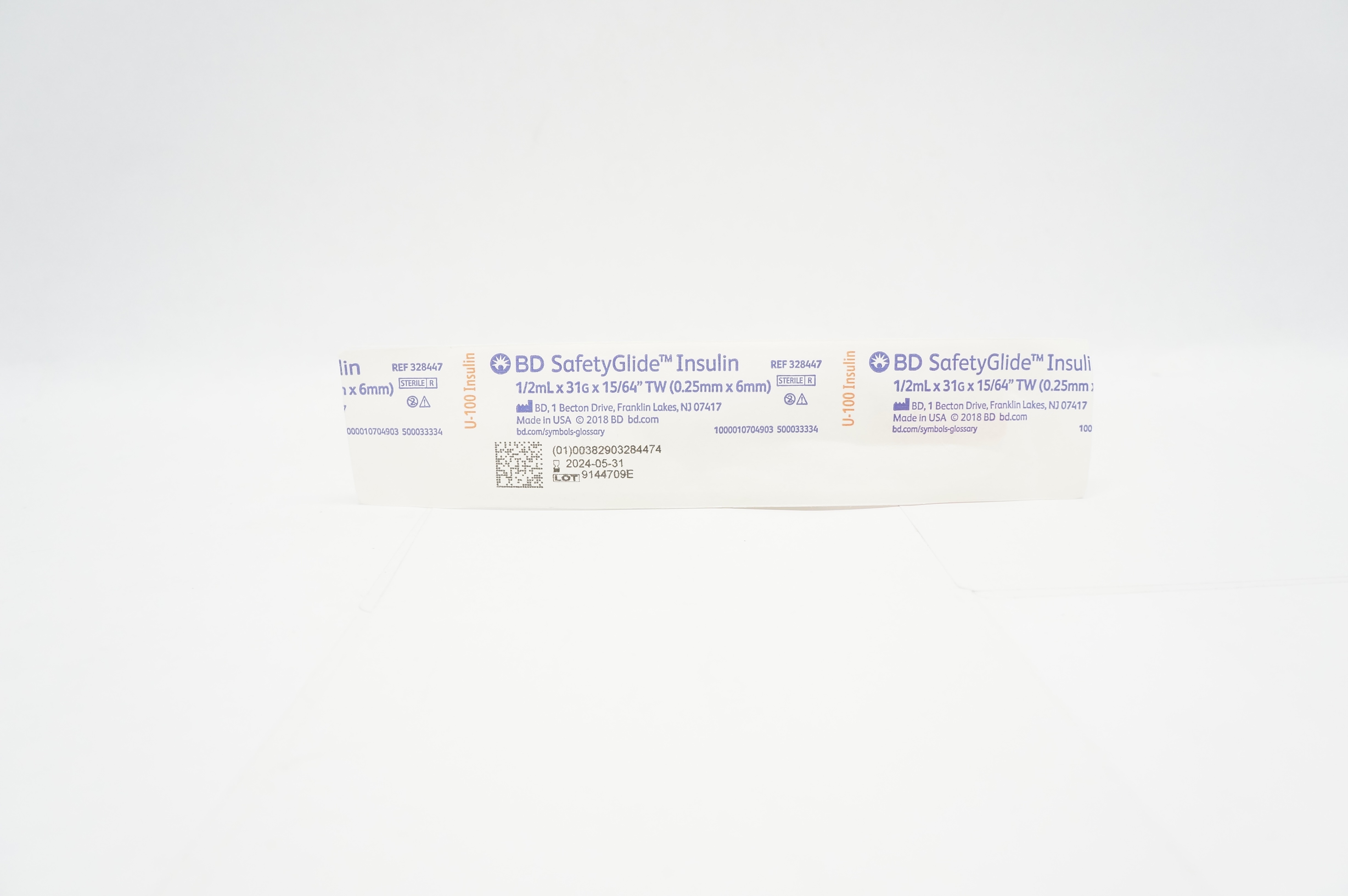 BD 328447 SafetyGlide Insulin Syringe 1/2mL 31G x 15/64inch TW