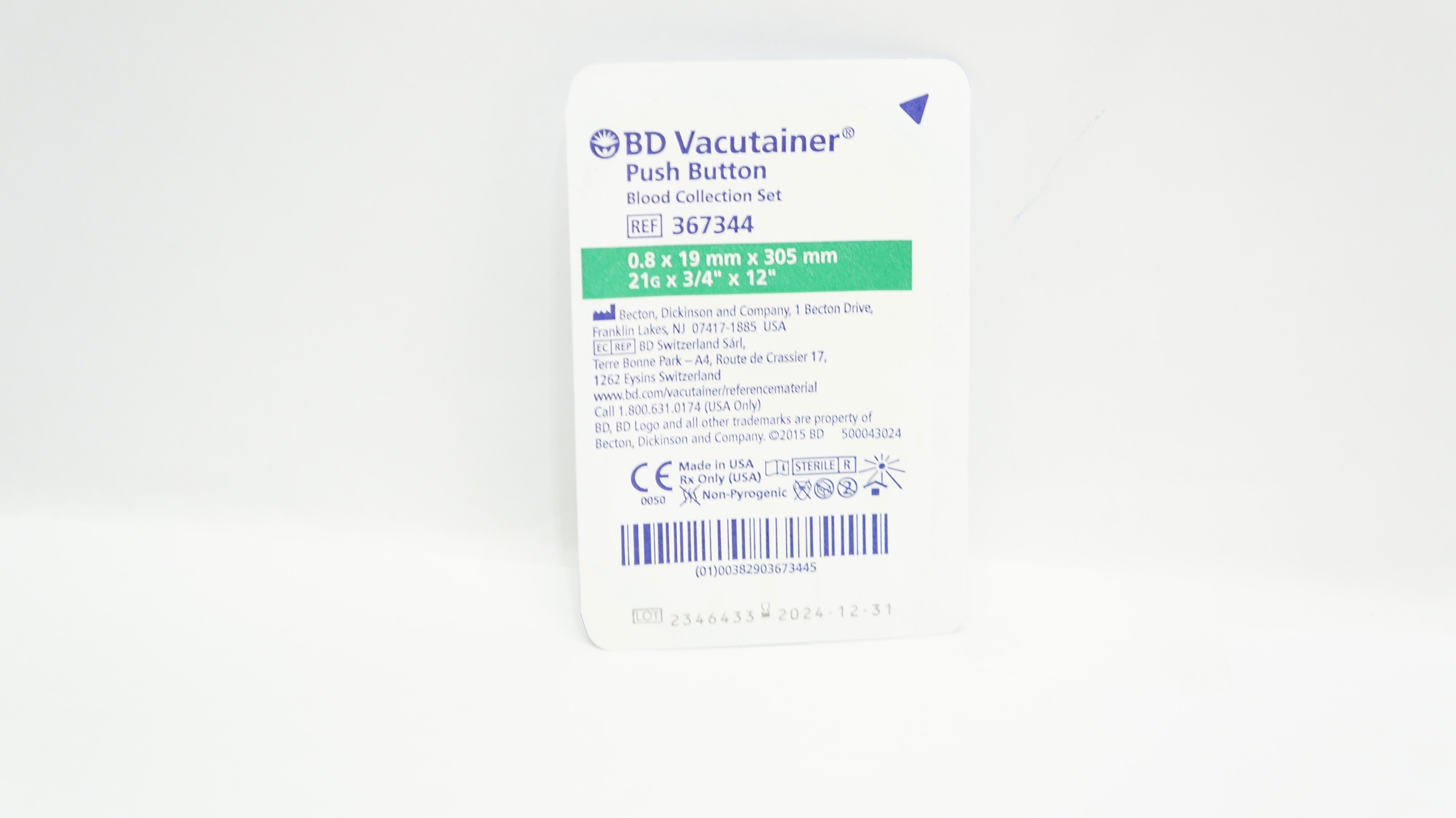 BD 367344 Vacutainer Push Button Blood Collection Set 21G x 3/4inch x 12inch