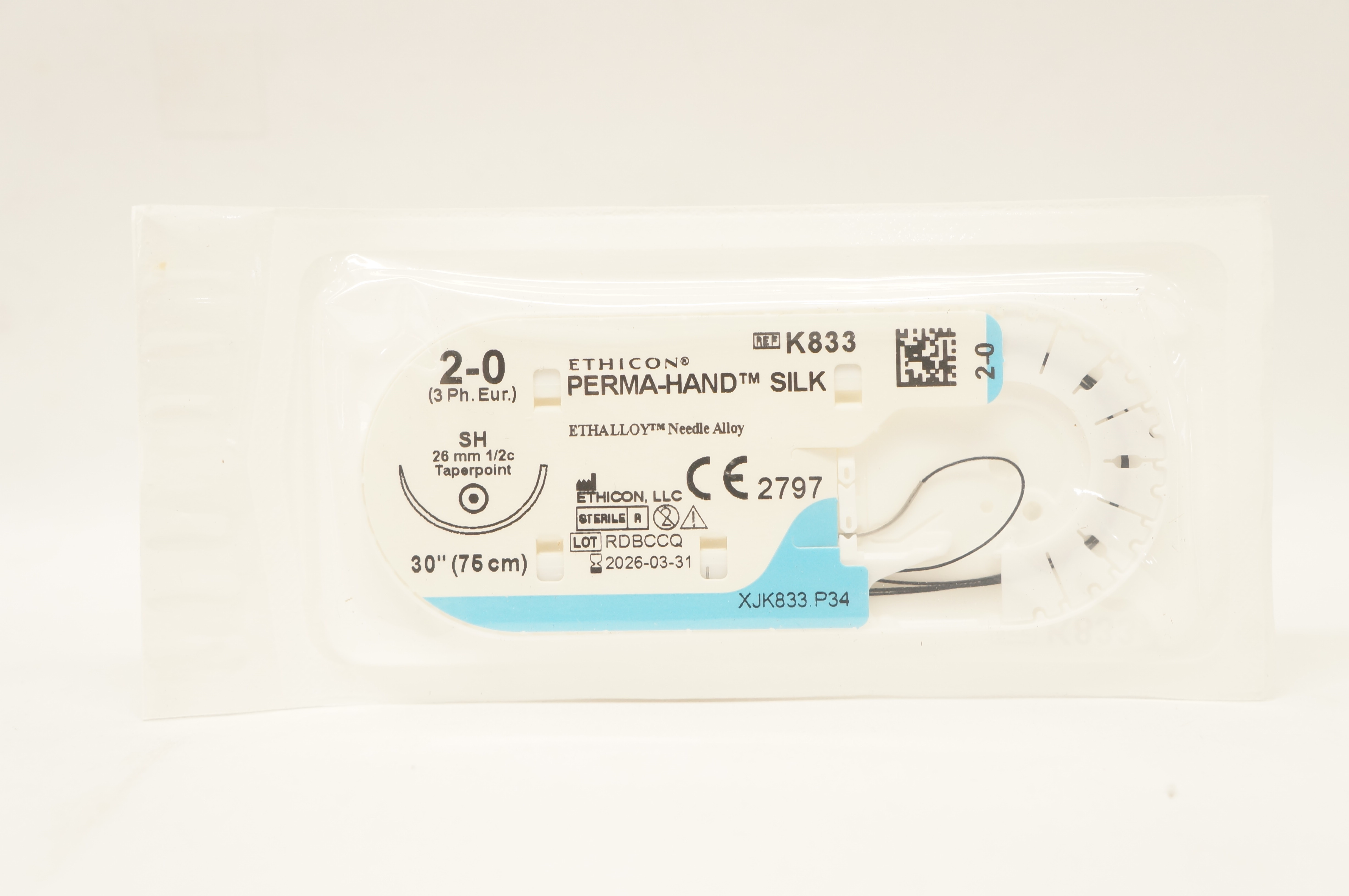 Ethicon K833 2-0 PERMA-HAND SILK Stre, SH 26mm 1/2c Taper, 30inch