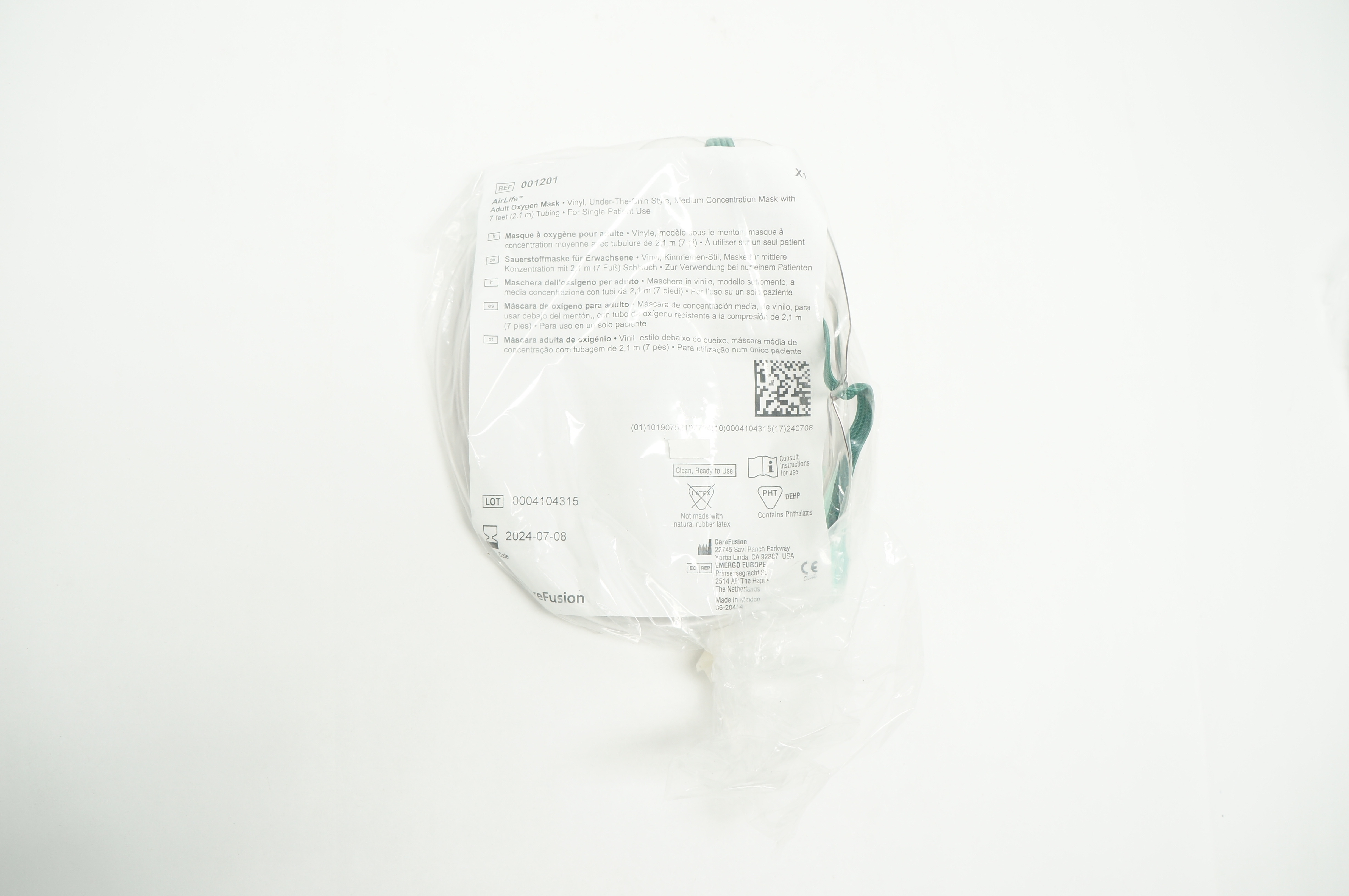 CareFusion 001201 AirLife Adult Oxygen Mask Vinyl, Medium Concentration