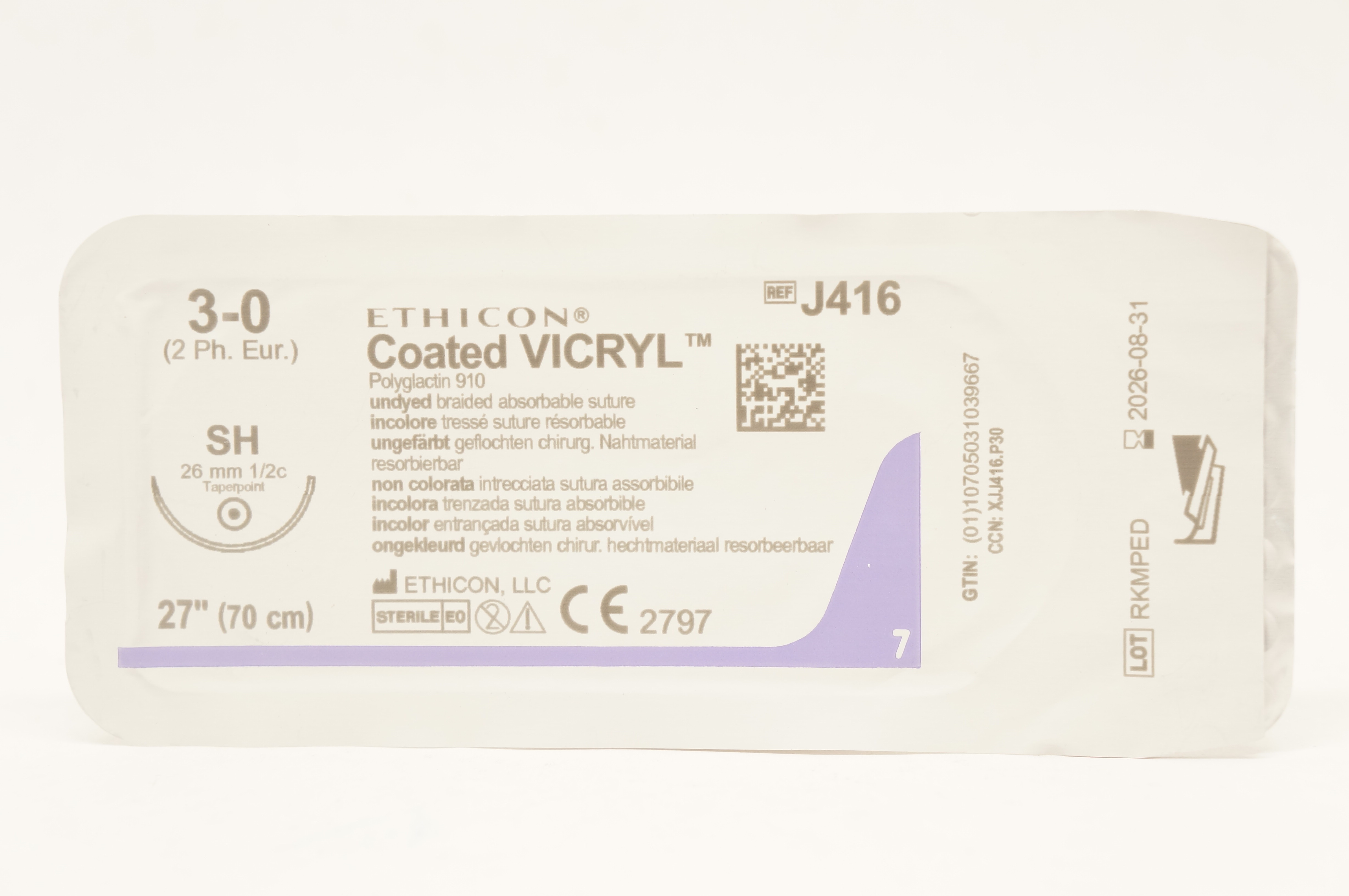 Ethicon J416 3-0 Coated VICRYL, SH 26mm 1/2c Taper, 27inch