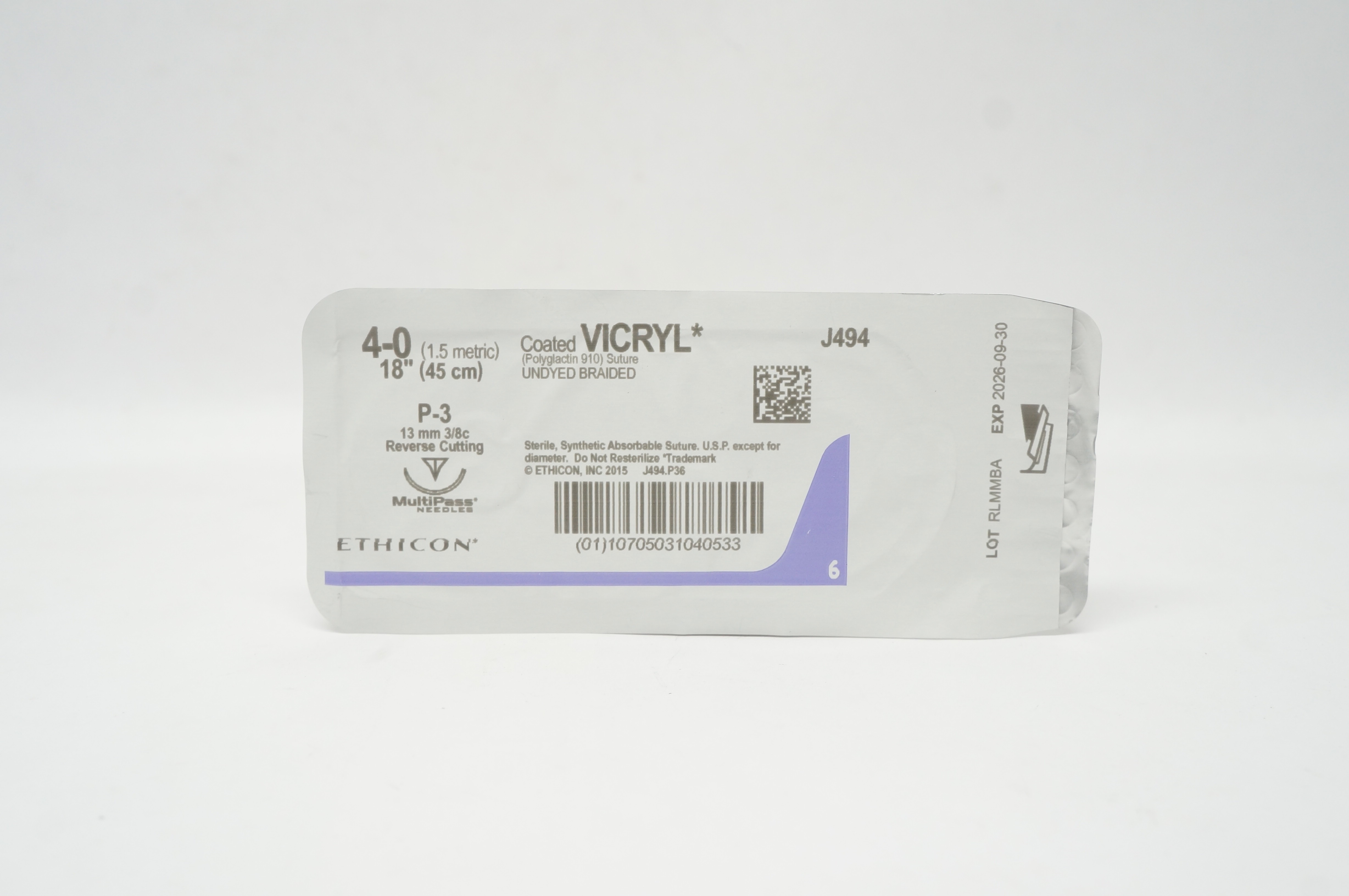 Ethicon J494 4-0 Coated Vicryl Stre P-3 13mm 3/8c Reverse Cutting, 18inch