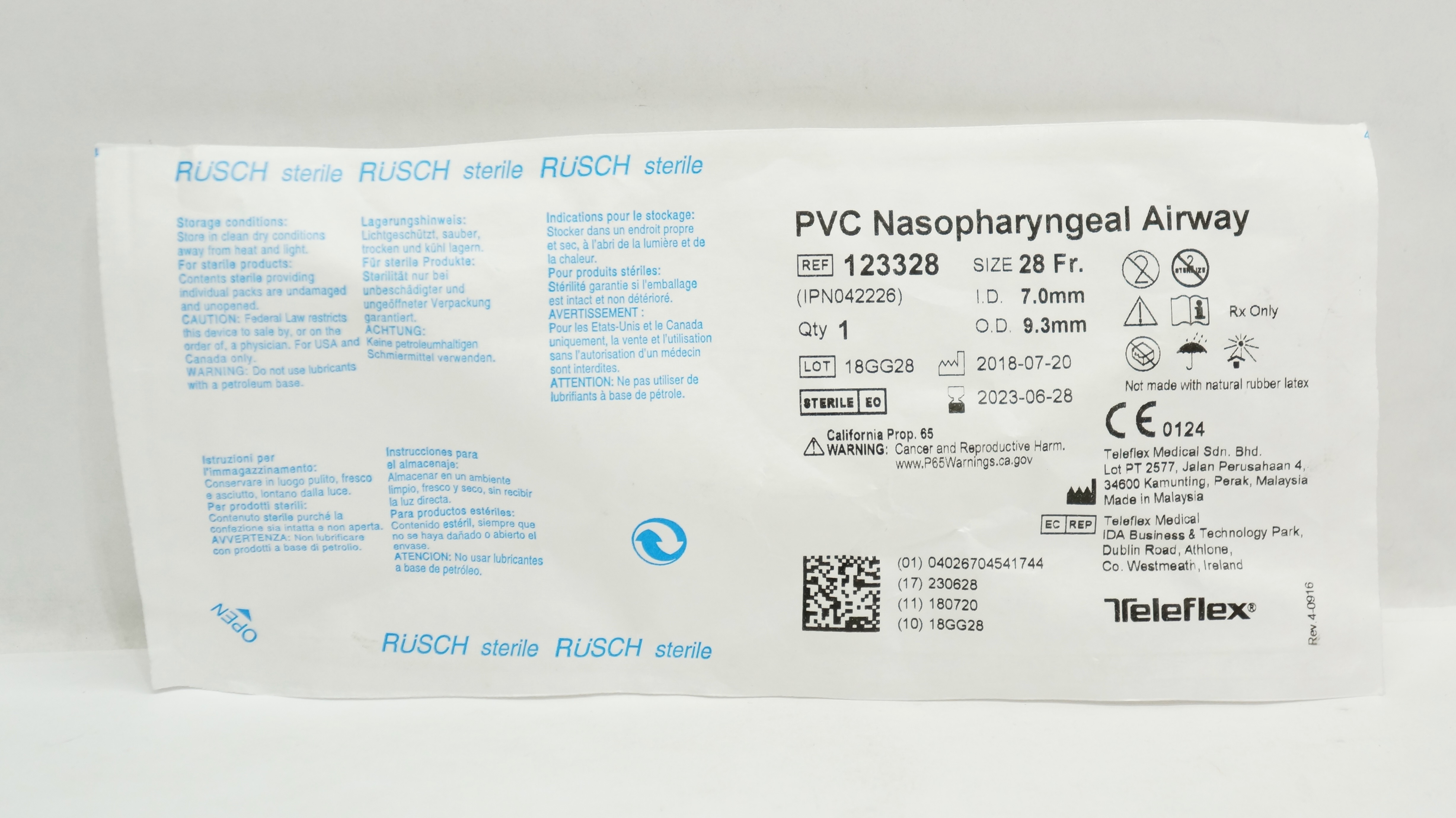 Teleflex 123328 RUSCH PVC Nasopharyngeal Airway 28Fr. x 7.0mm ID x 9.3mm OD (x)