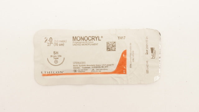 Ethicon Y417 2-0 Monocryl Poliglecaprone 25 Stre SH 26mm 1/2c Taper, 27 inch