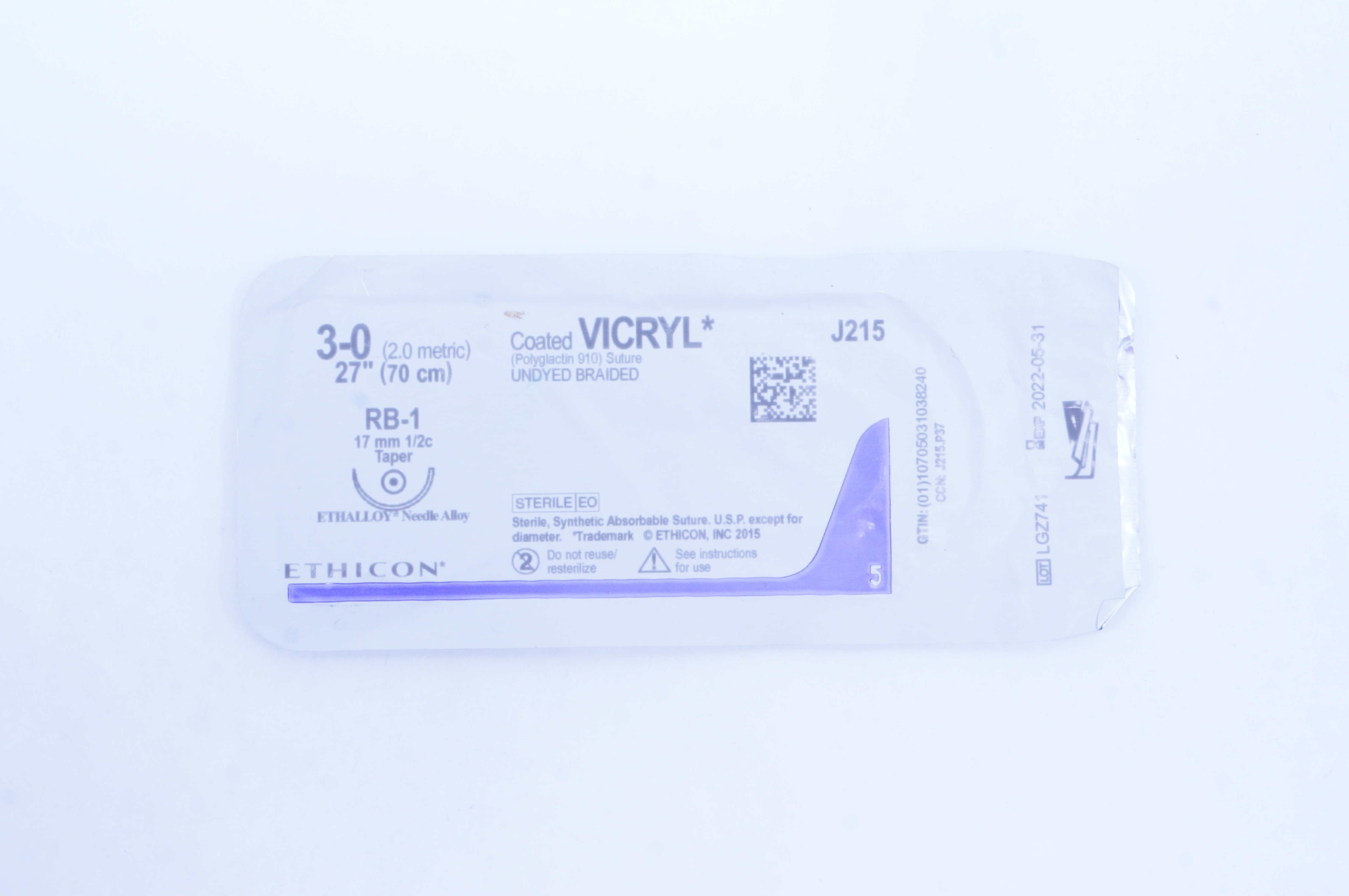 Ethicon J215 3-0 Coated VICRYL Stre, RB-1 17mm 1/2c Taper,27inch