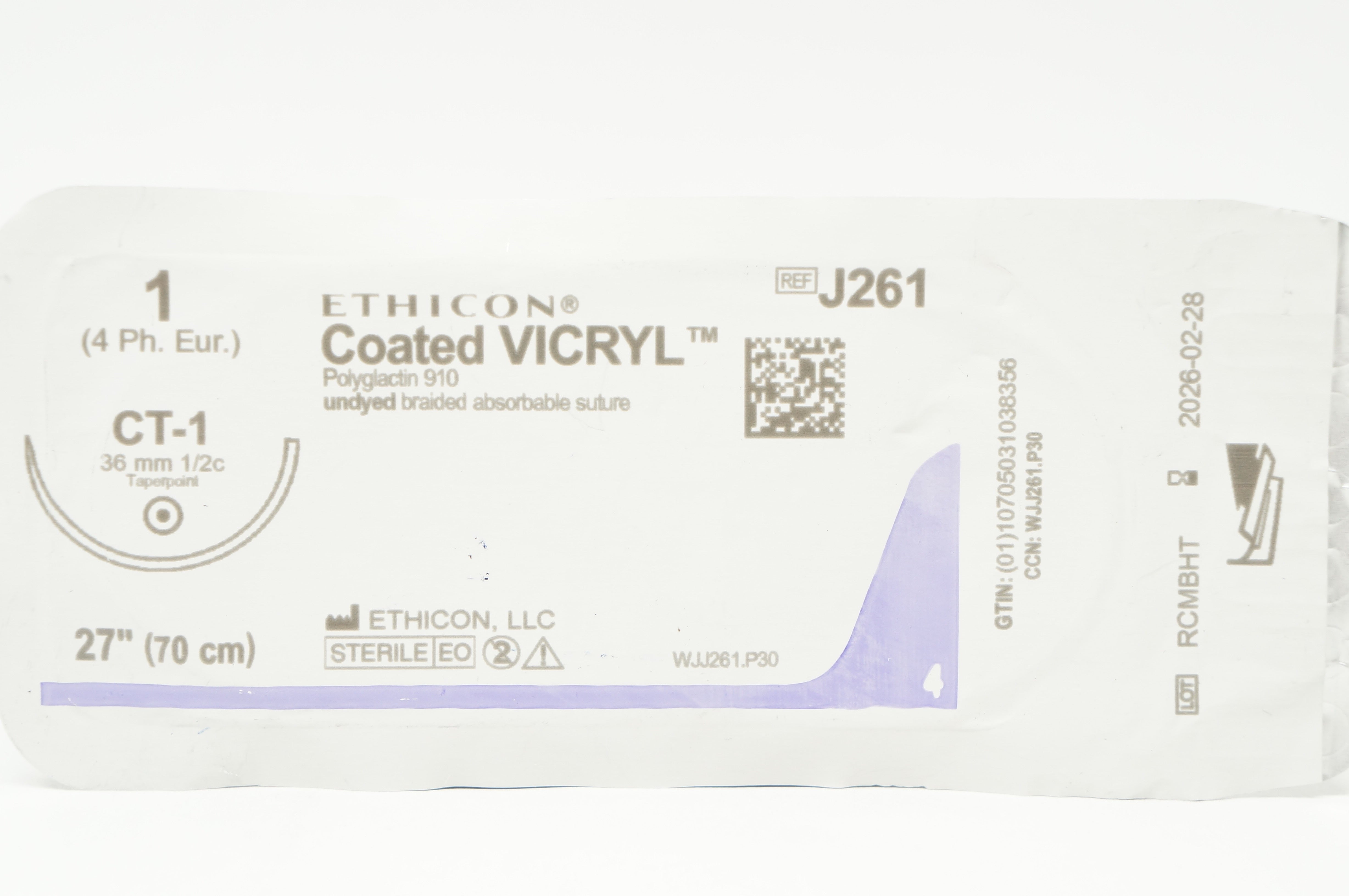 Ethicon J261 1 Coated VICRYL Suture CT-1 36mm 1/2c Taperpoint 27inch