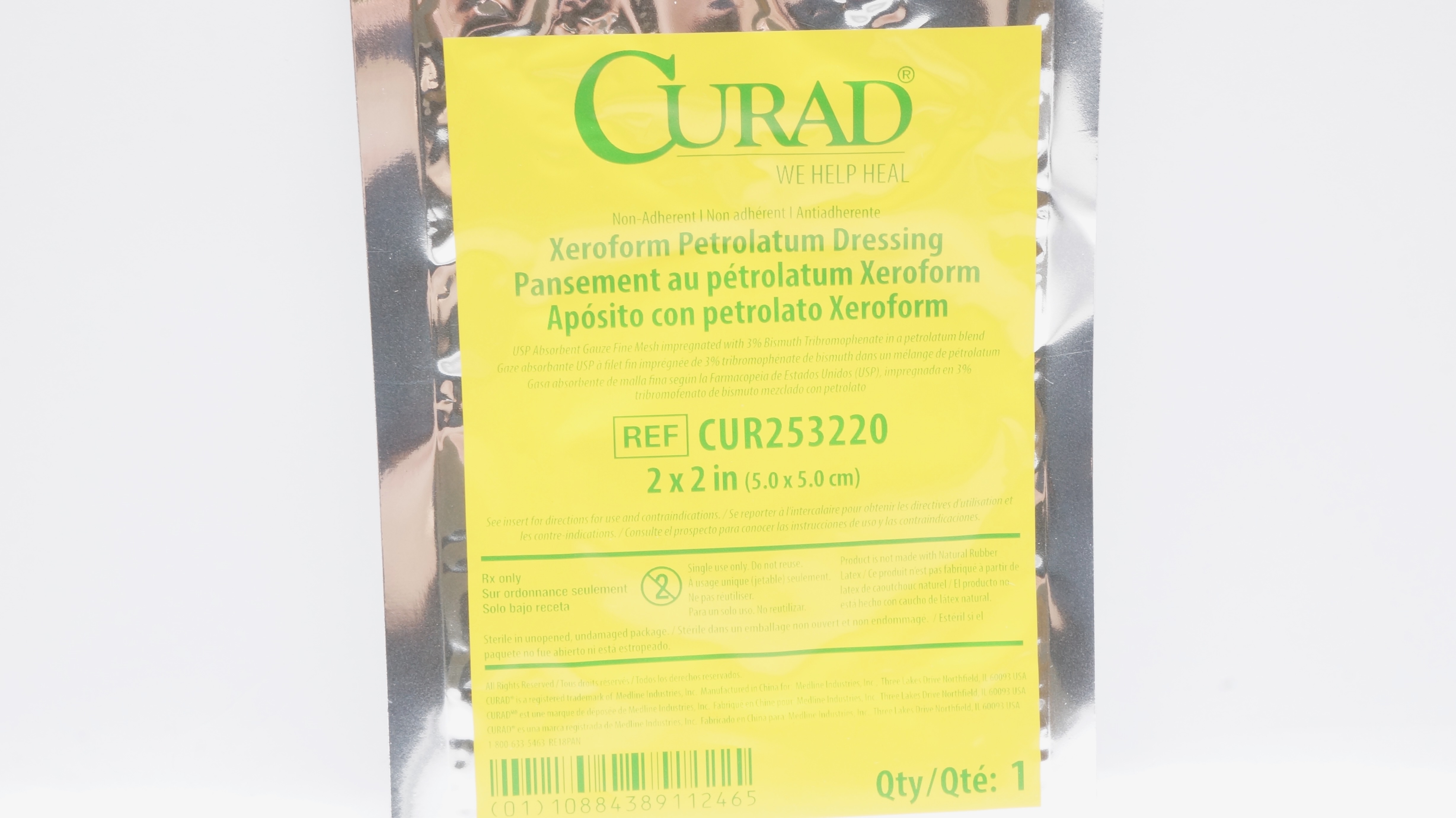 Medline CUR253220 Curad Non-Adherent Xeroform Petrolatum Dressing 2inch x 2inch