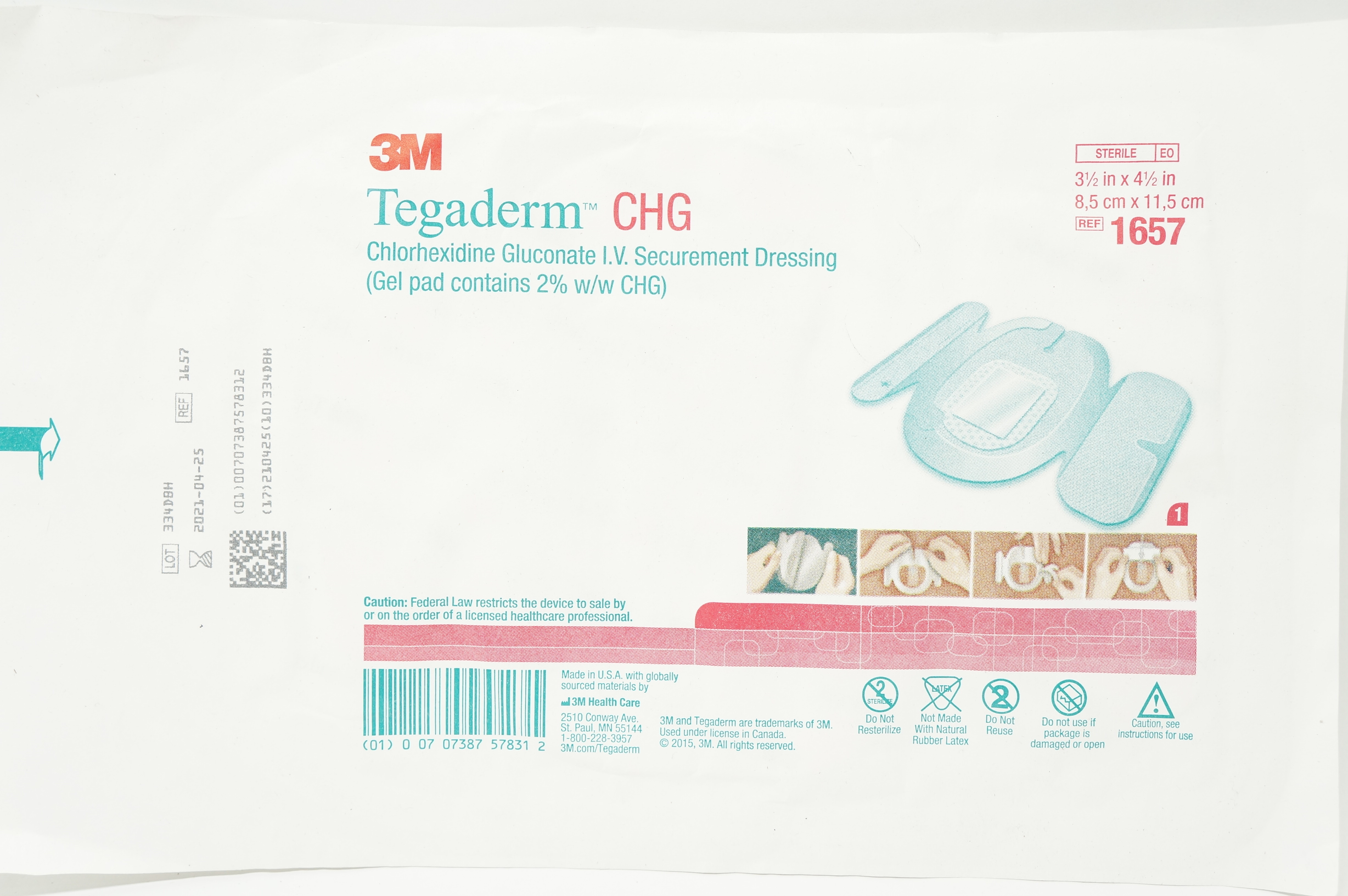 3M 1657 Chlorhexidine Gluconate I.V. Securement Dressing 3-1/2in. x 4-1/2in. (x)