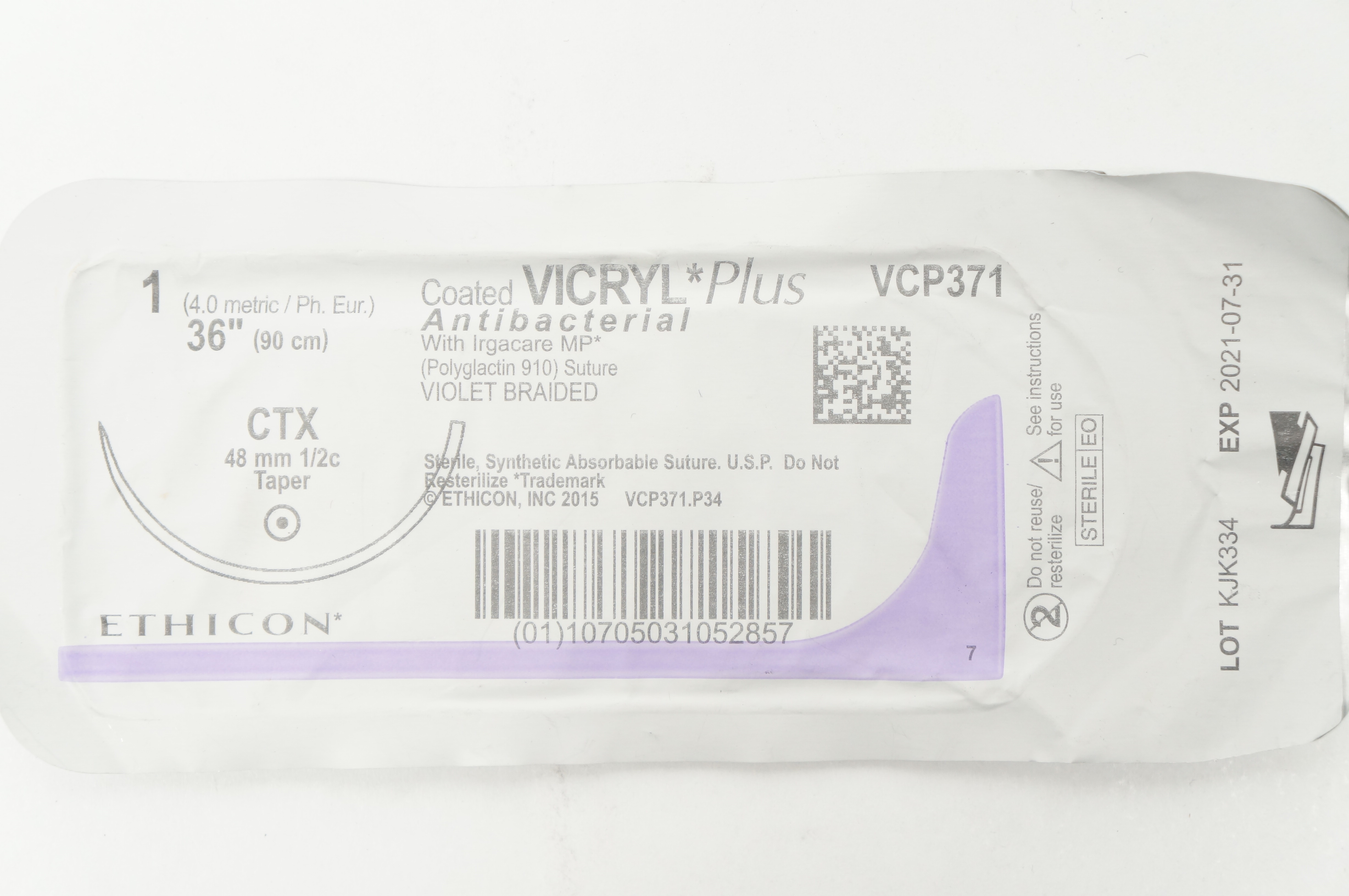 Ethicon VCP371 1 Coated VICRYL Plus CTX 48 mm 1/2c Taper 36 inch (x)