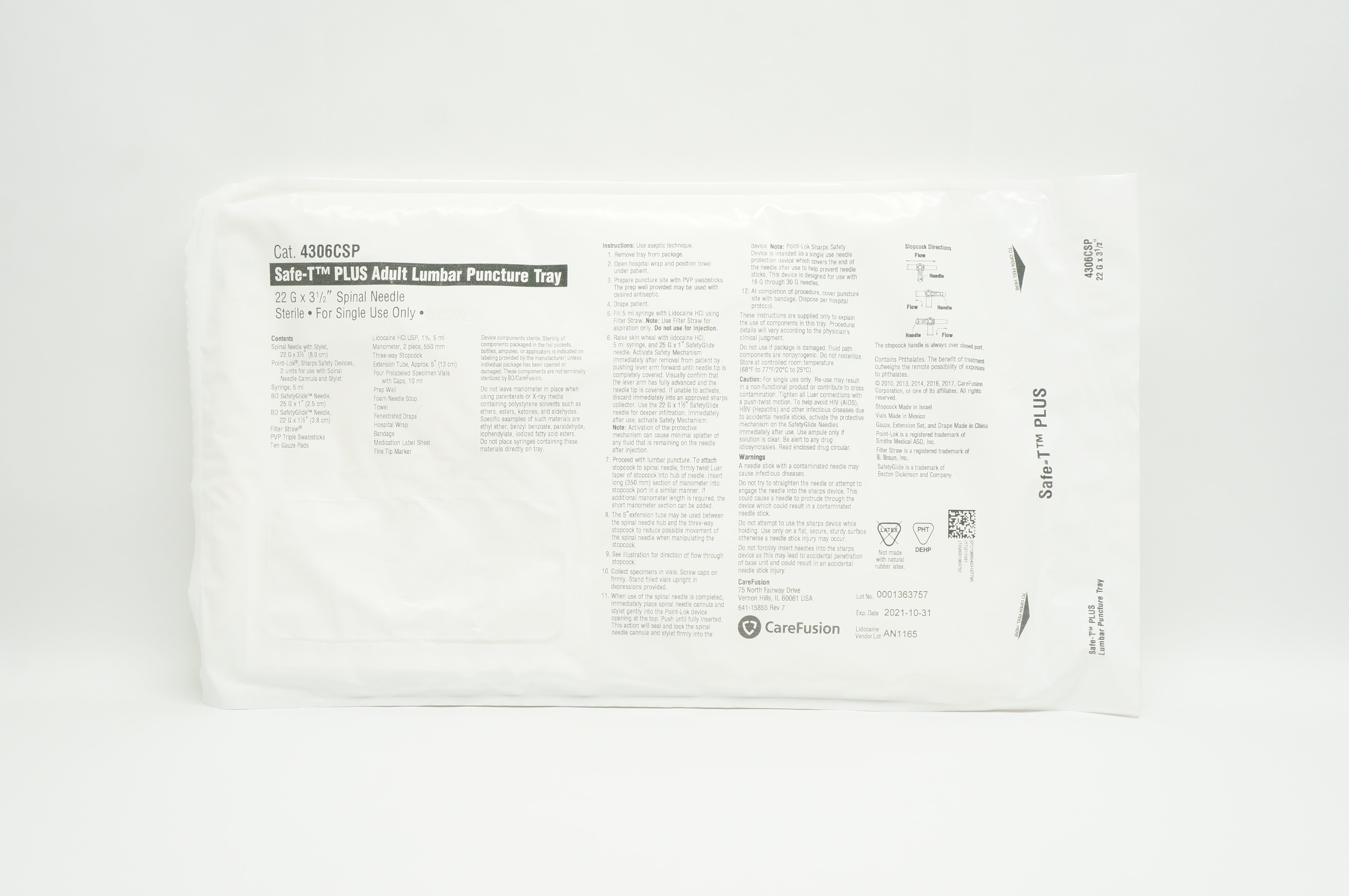 CareFusion 4306CSP Safe-T PLUS Lumbar Puncture Tray 22Ga x 3-1/2inch