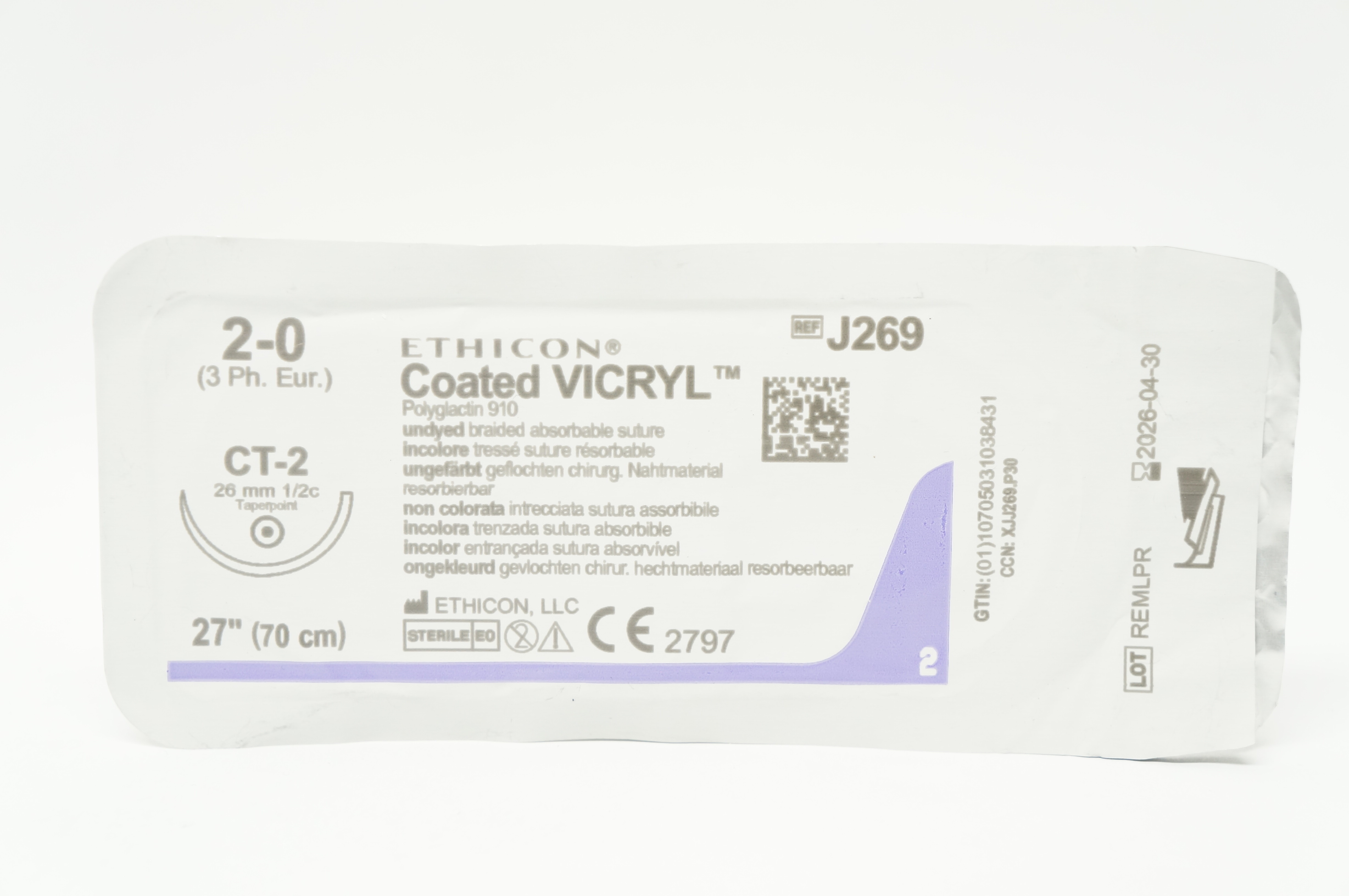Ethicon J269 2-0 Coated VICRYL Polyglactin Stre CT-2 26mm 1/2c Taper, 27inch