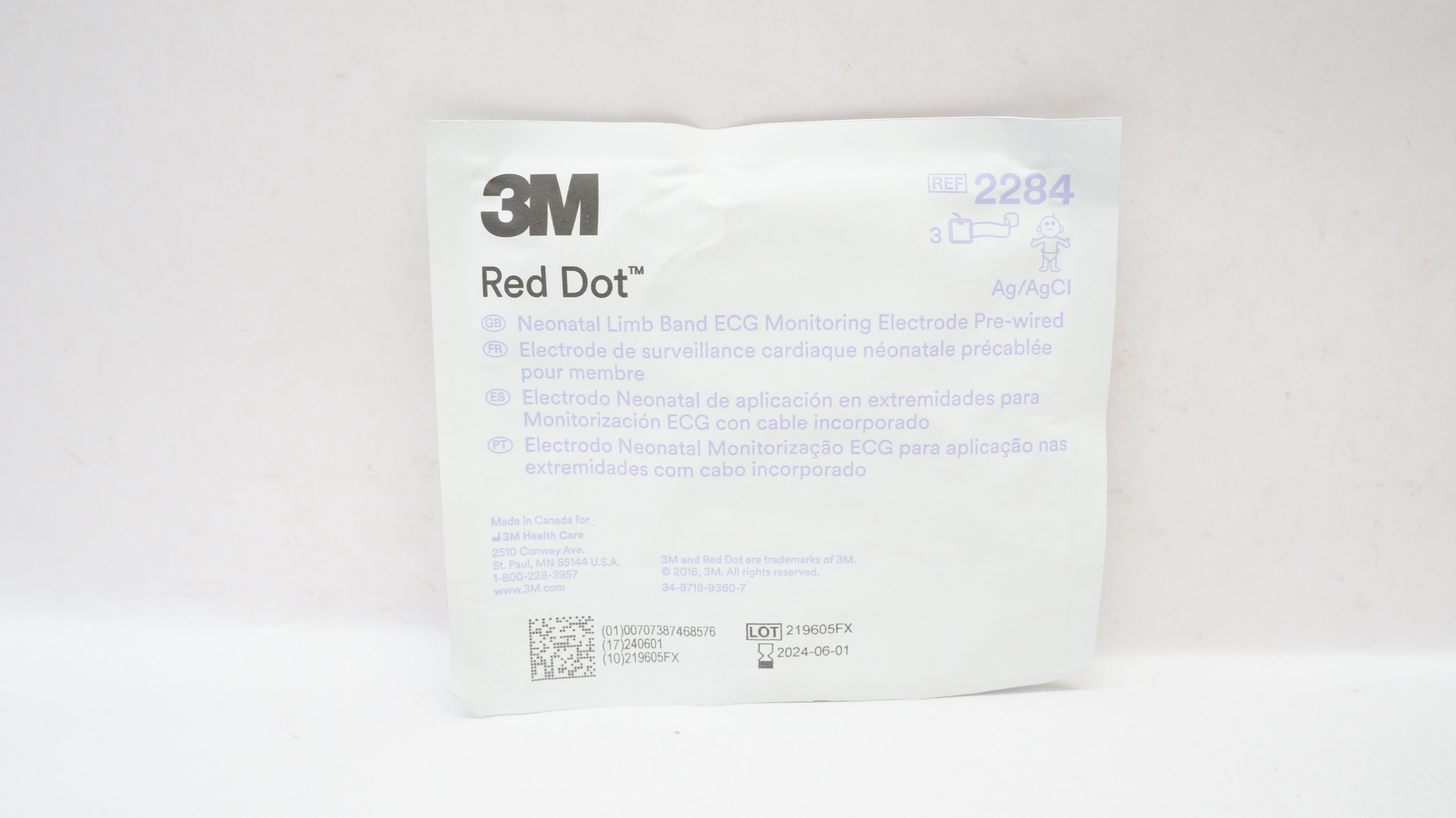3M 2284 Red Dot Neonatal Limb Band ECG Monitoring Electrode Pre-Wired -Pack of 3