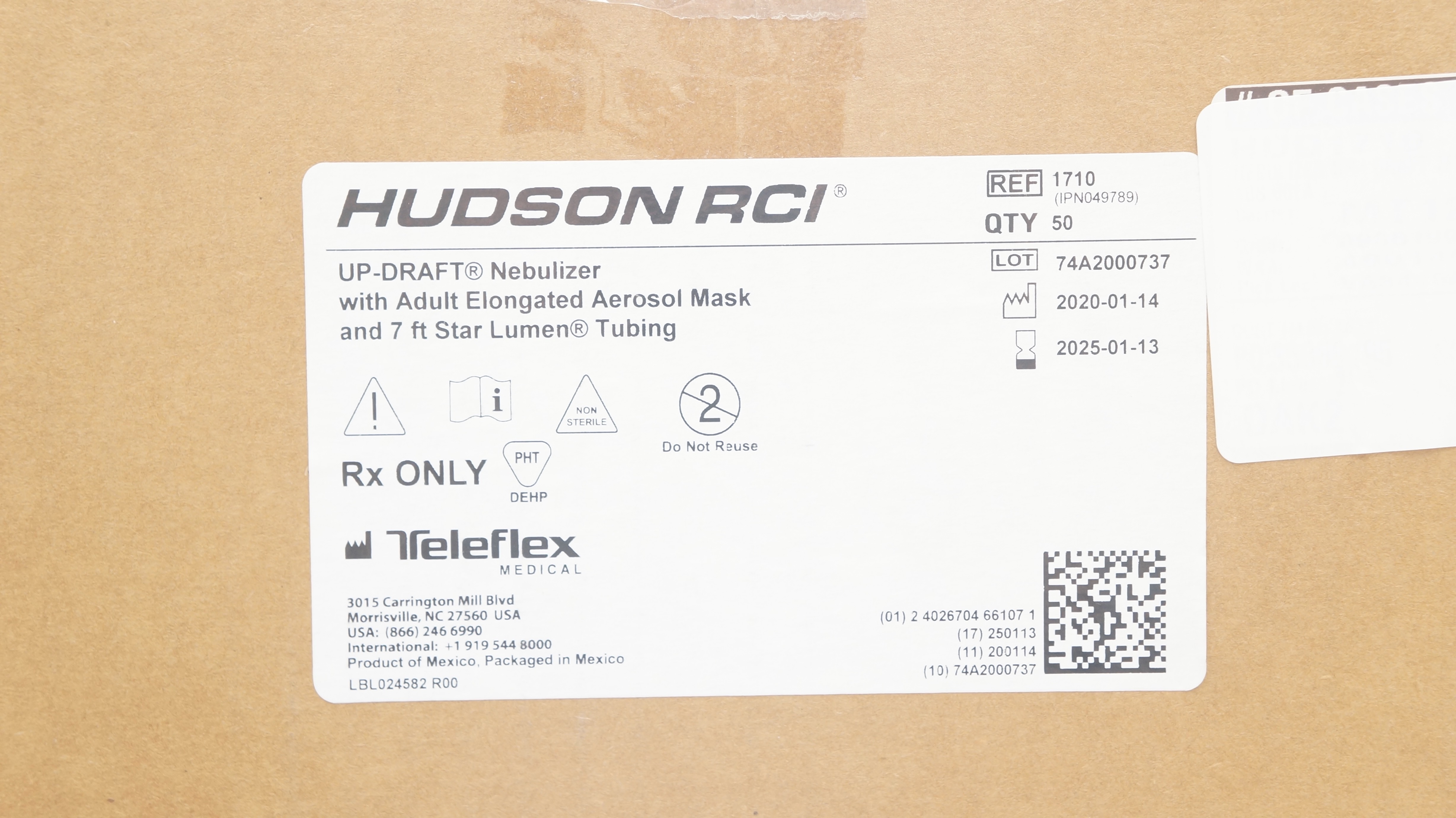 Teleflex 1710 Hudson RCI Up-Draft Nebulizer w/Adult Mask&7ft. Tubing - Box of 50