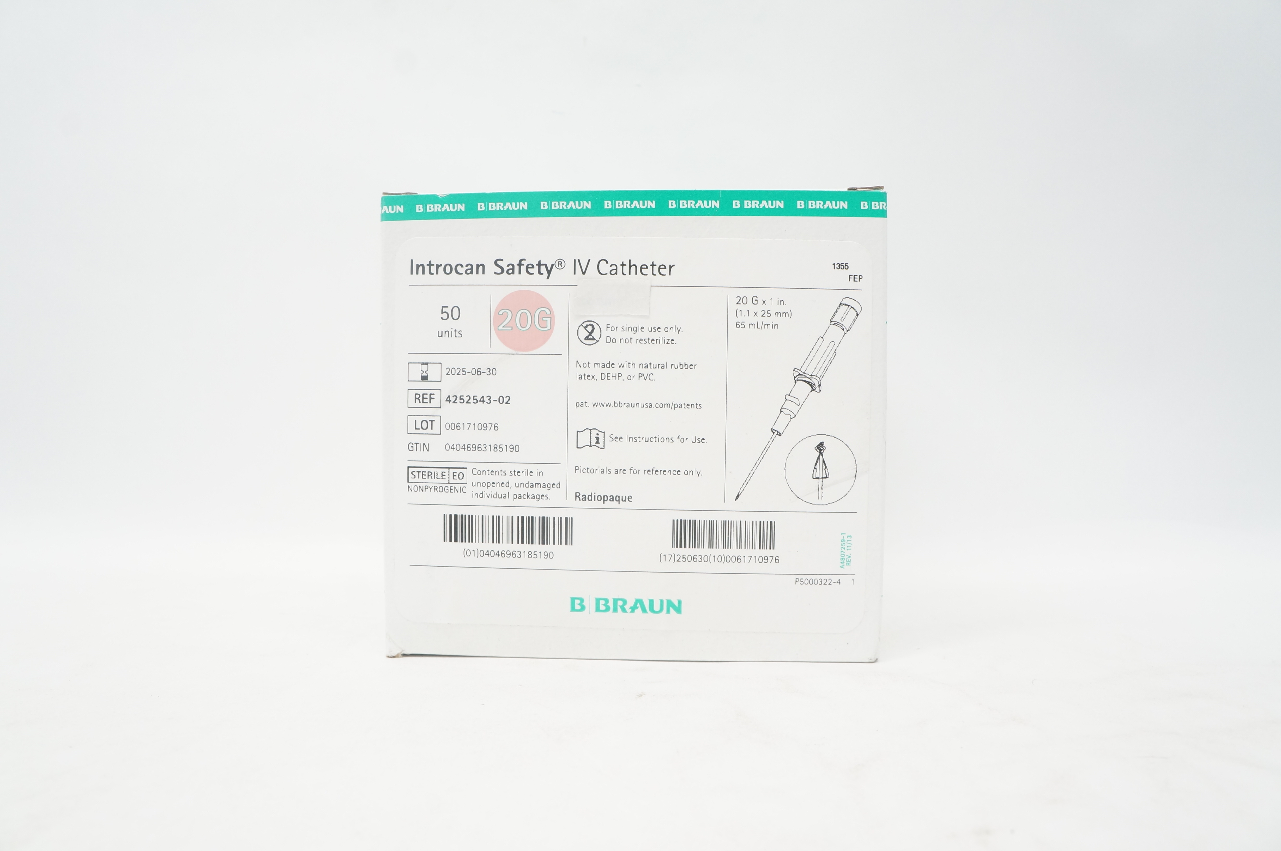 Braun 4252543-02 Introcan Safety IV Cath. 20G x 1inch, 65ml - Box of 50
