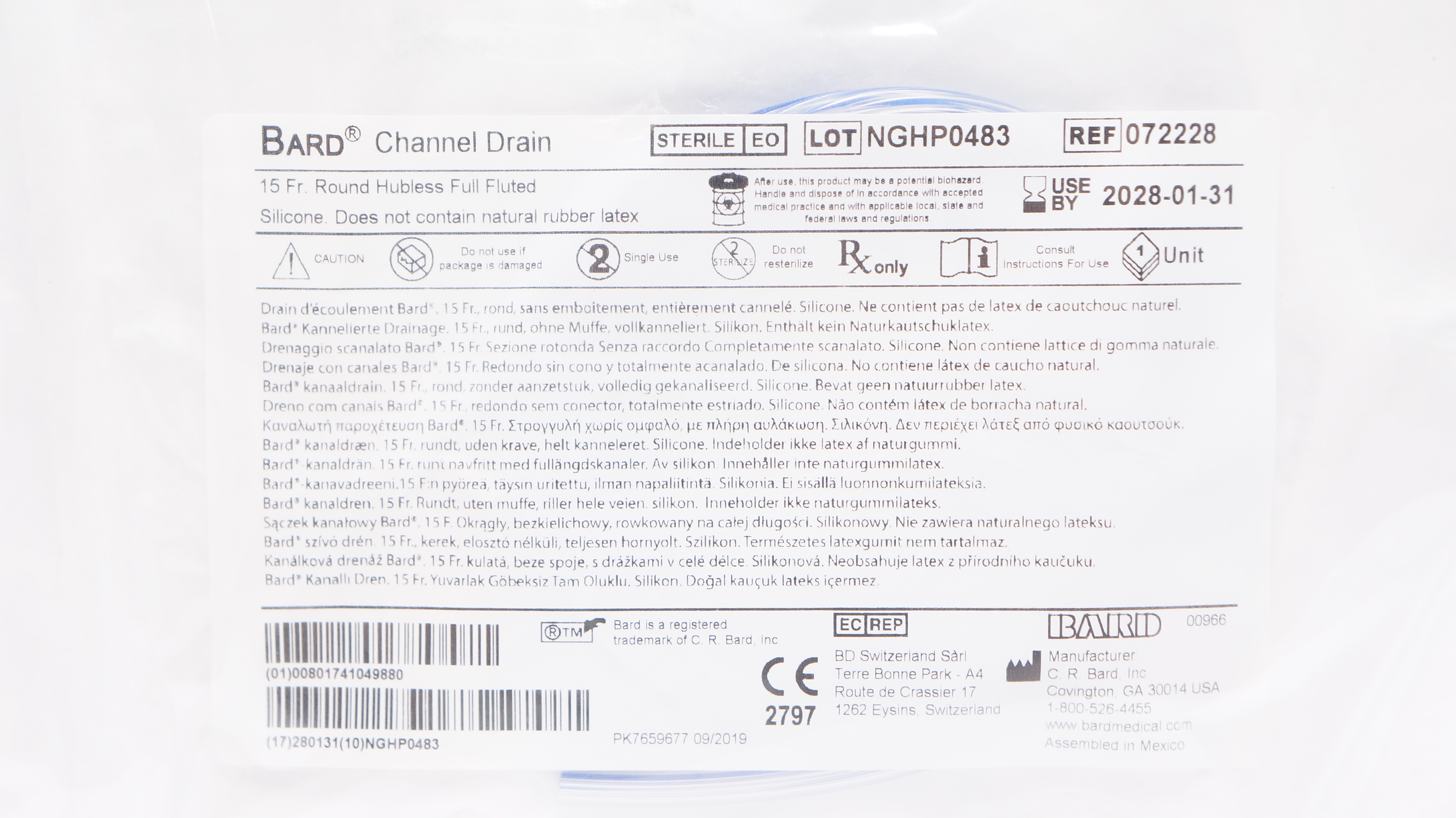 Bard 072228 Channel Drain Round Hubless Full Fluted, Silicone 15Fr