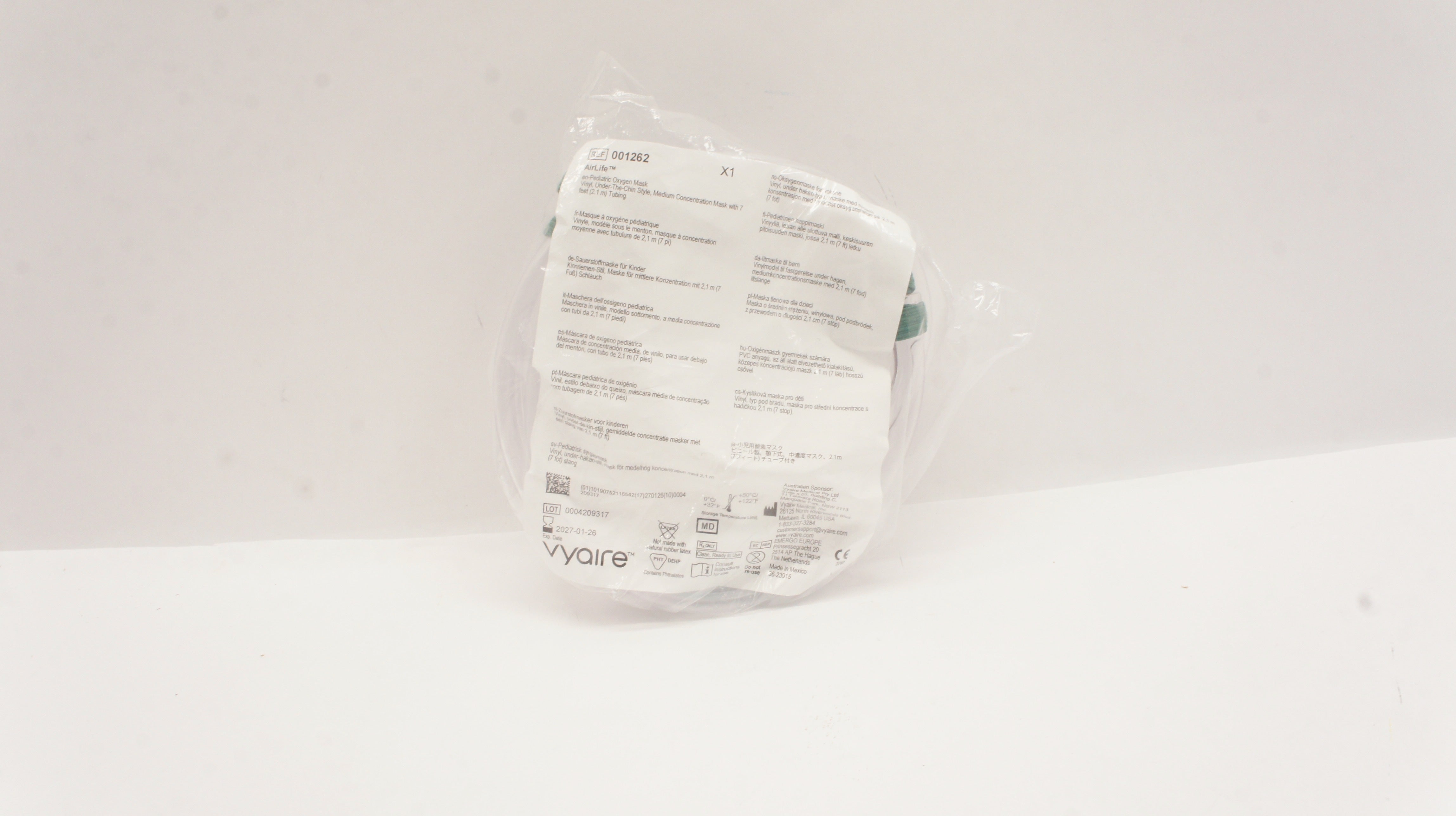 Vyaire 001262 AirLife Pediatric Oxygen Mask Vinyl with 7ft. Tubing