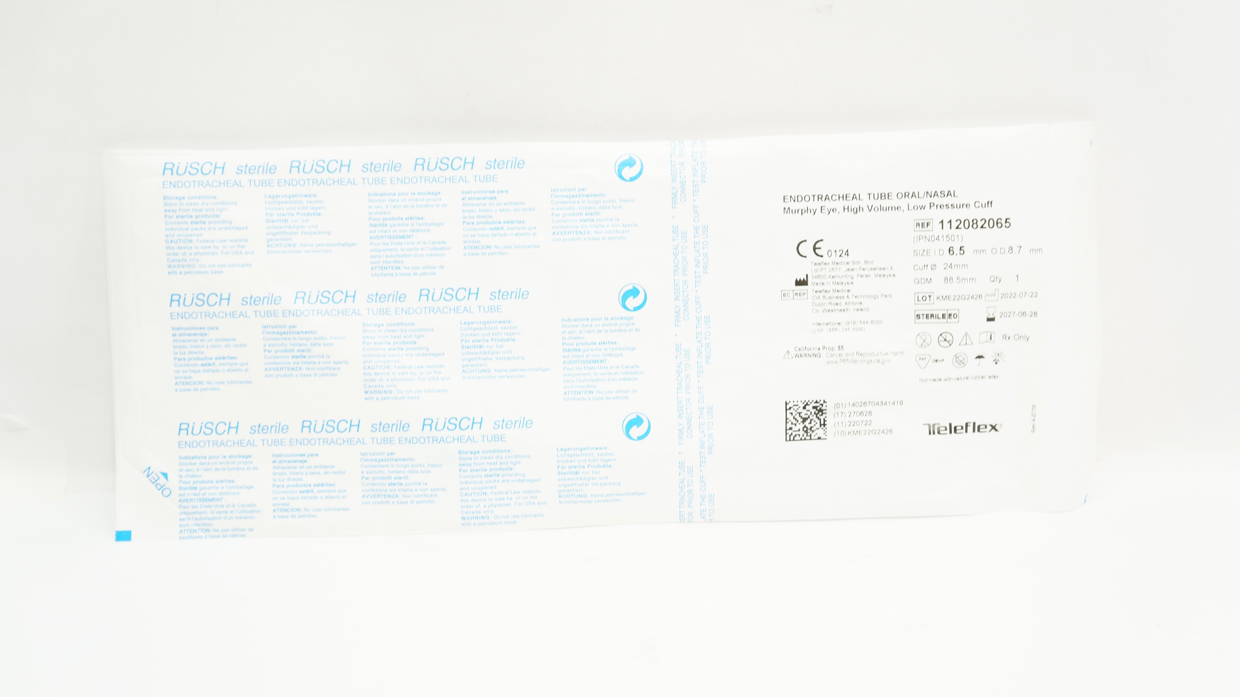 Teleflex 112082065 Oral/Nasal Endotracheal Tube 6.5mm ID x 8.7mm OD x 24.0mm