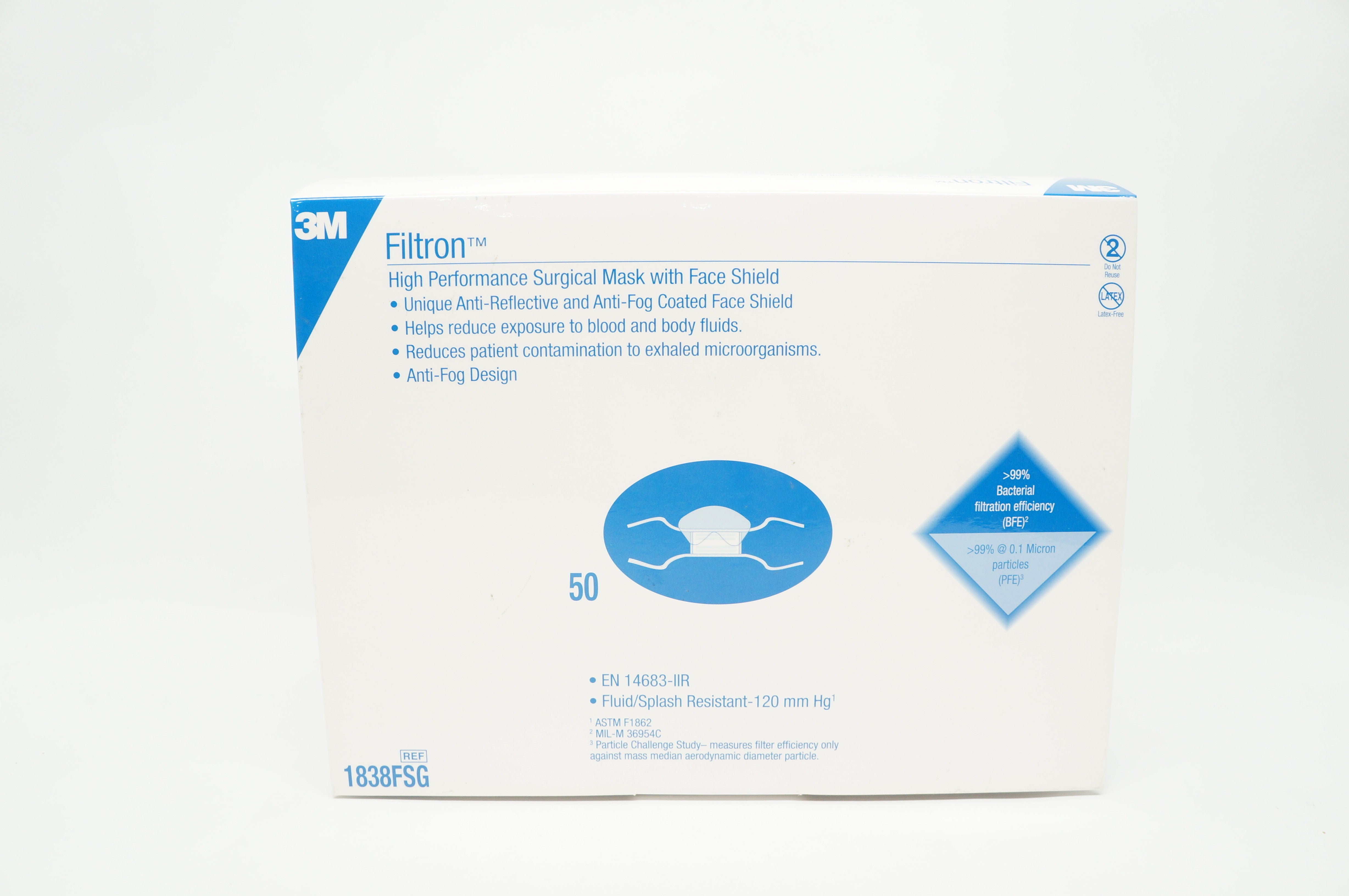 3M 1838FSG Filtron High Performance Surgical Mask with Face Shield - Box of 50