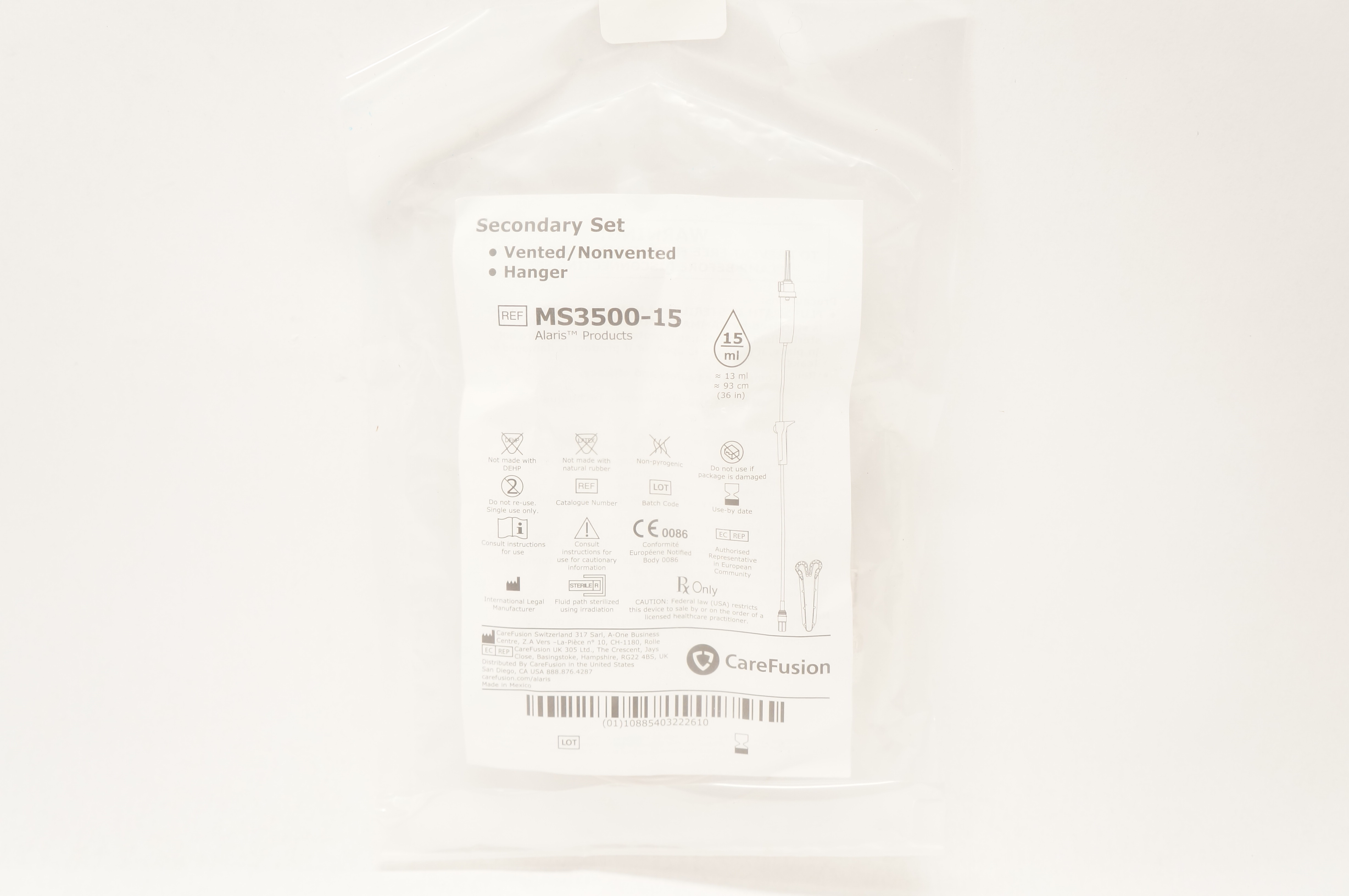 CareFusion MS3500-15 Alaris Secondary Set Vented/Nonvented Hanger 15ml x 36 inch