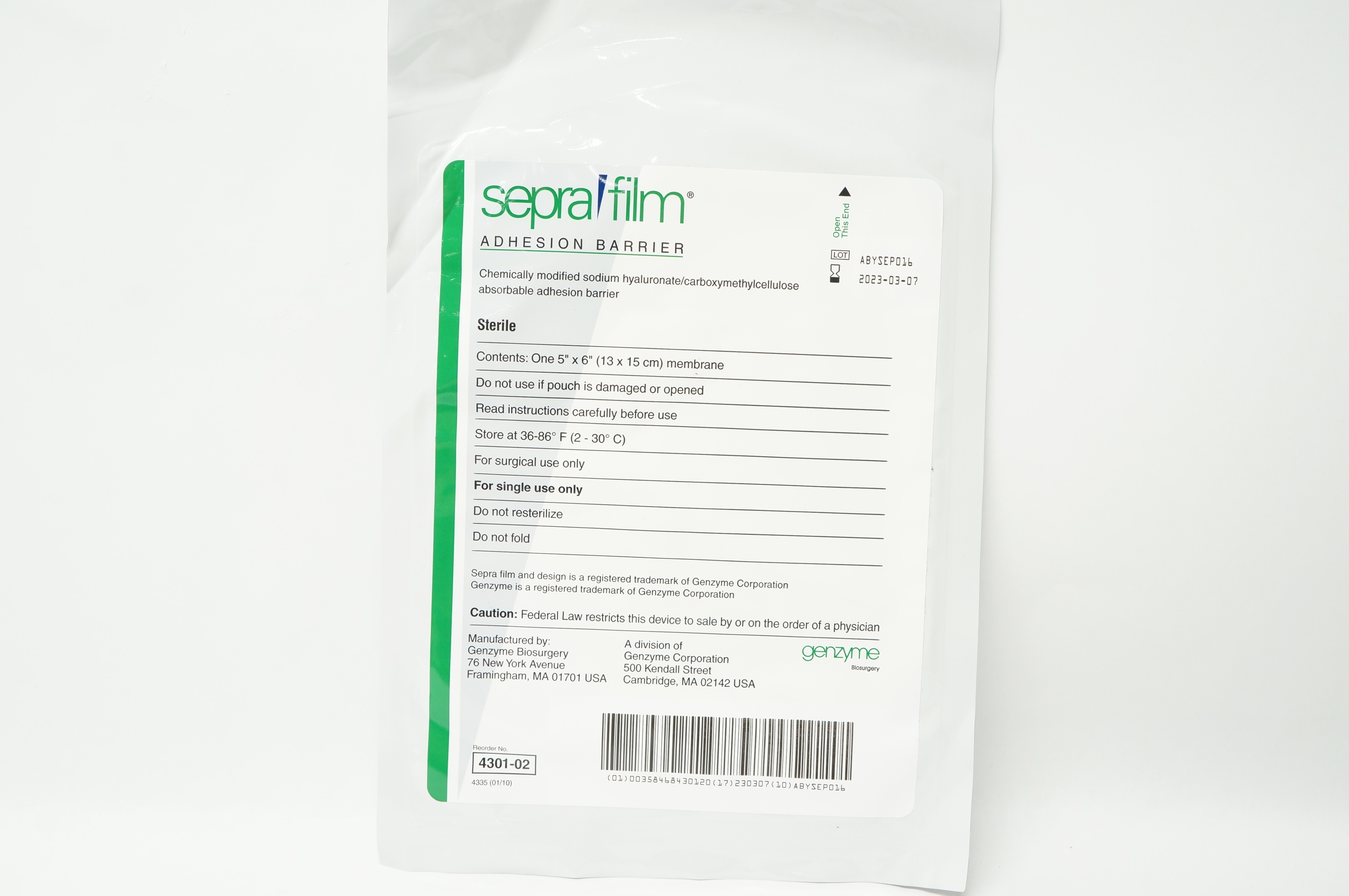 Genzyme 4301-02 Sepra Firm Adhesion Barrier 5inch x 6inch