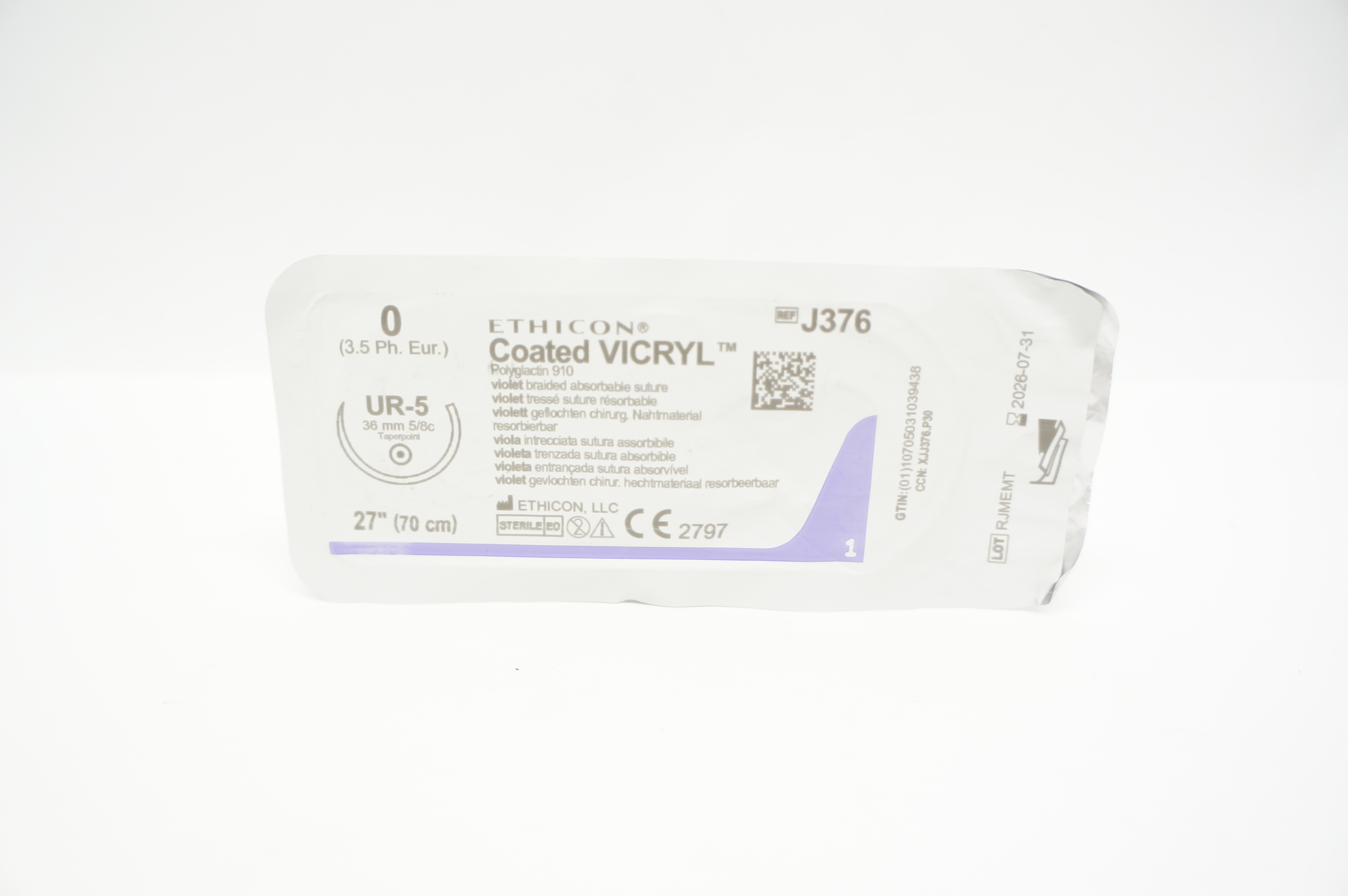Ethicon J376 0 Coated VICRYL Polyglactin 910 Stre UR-5 36mm 5/8c Taper, 27inch