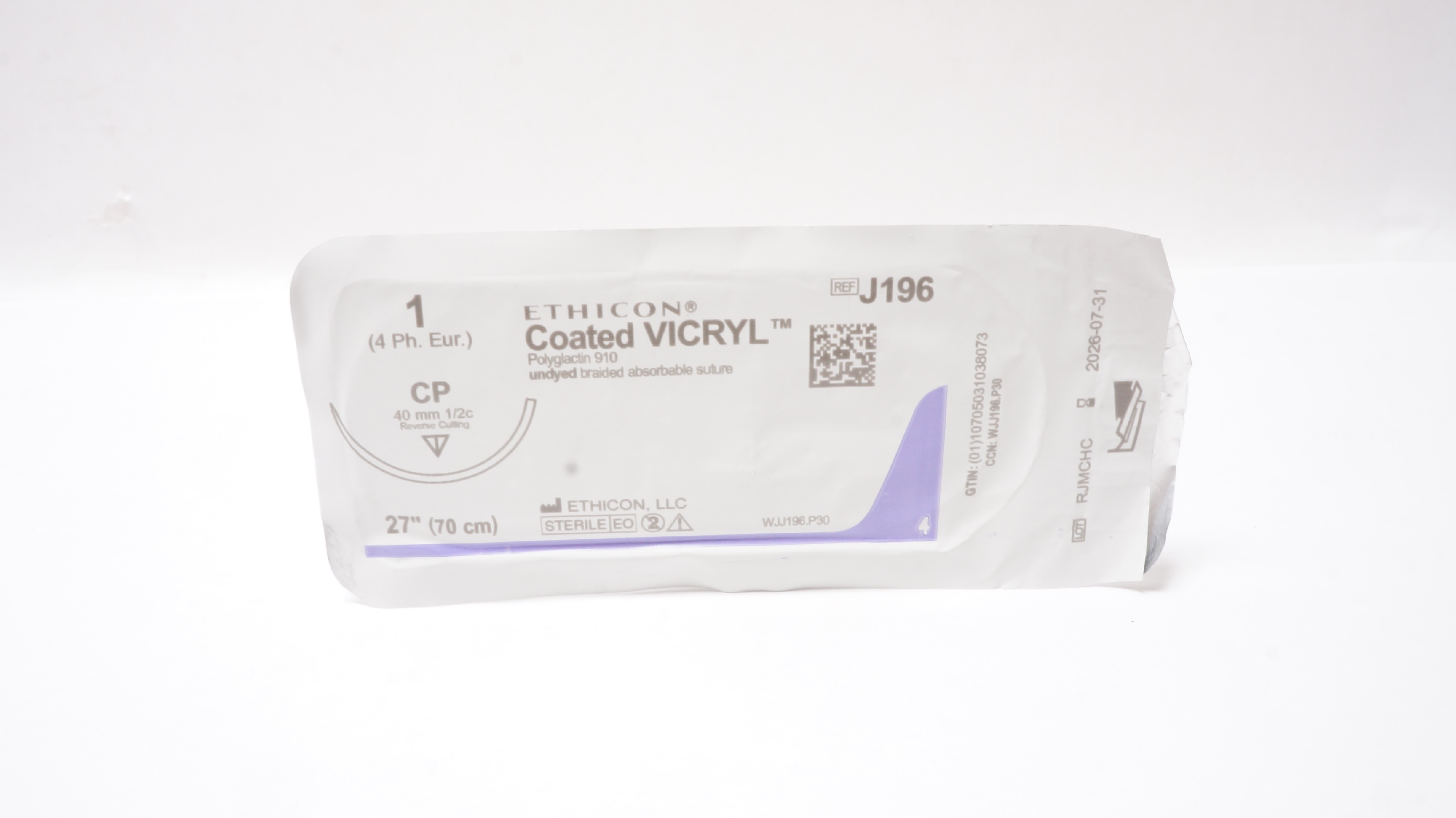 Ethicon J196 1 CoatedVICRYL Polyglactin Stre CP 40mm 1/2c Reverse Cutting 27inch