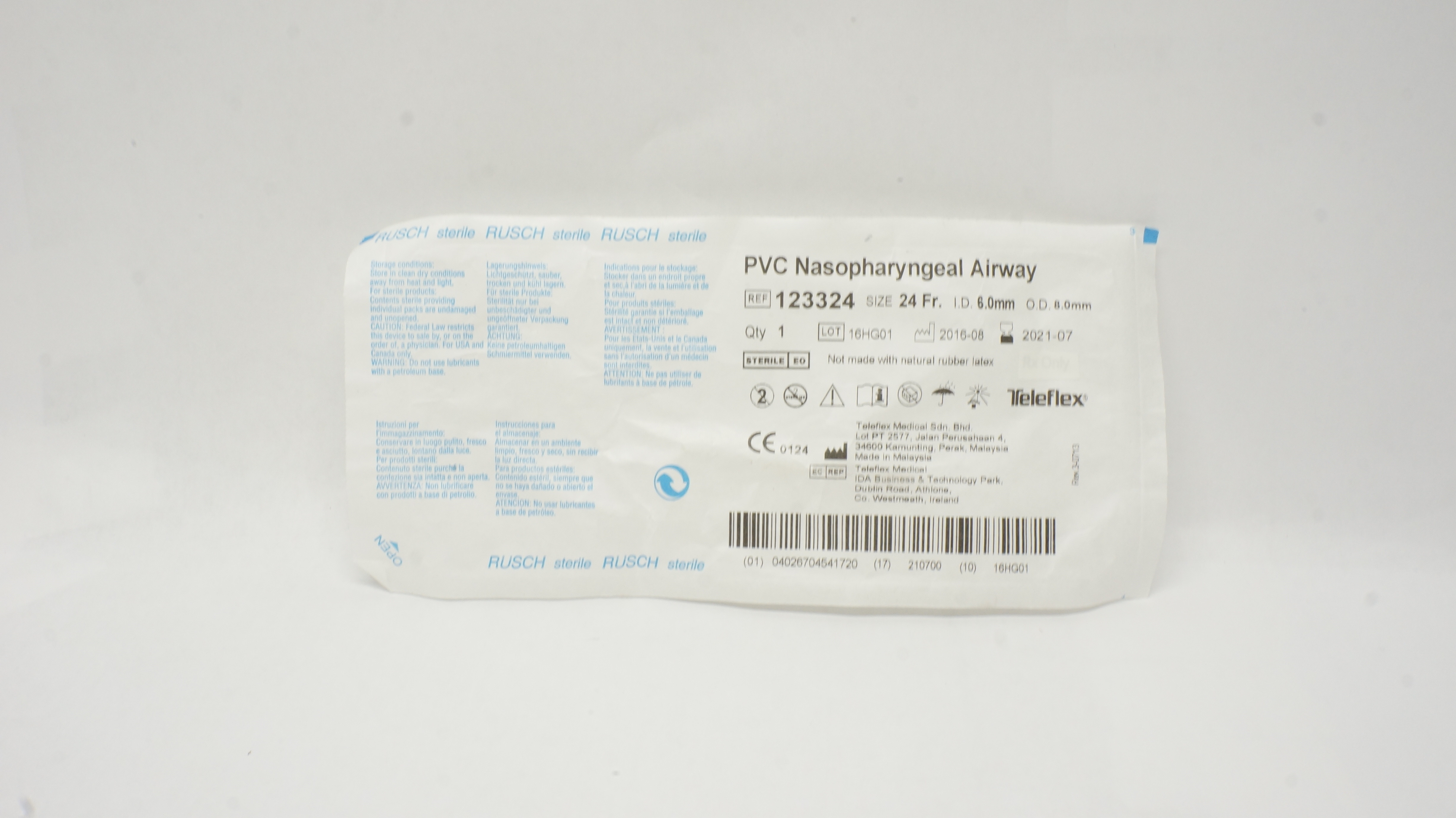 Teleflex 123324 Rusch PVC Nasopharyngeal Airway 24 Fr x 6.0mm ID x 8.0mm OD (x)