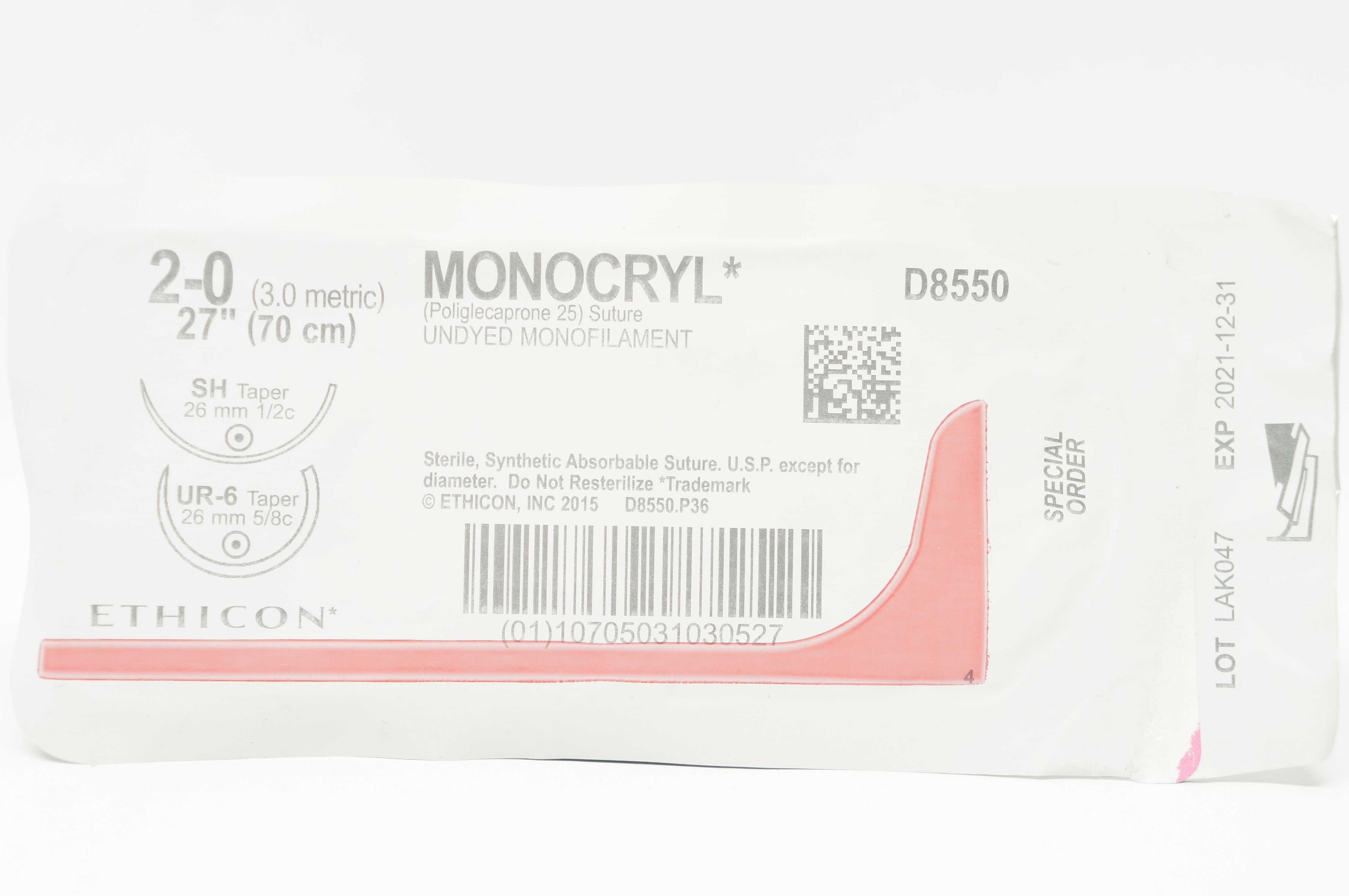 Ethicon D8550 2-0 MONOCRYL, SH, 26mm 1/2c, UR-6 26mm 5/8c, Taper, 27inch