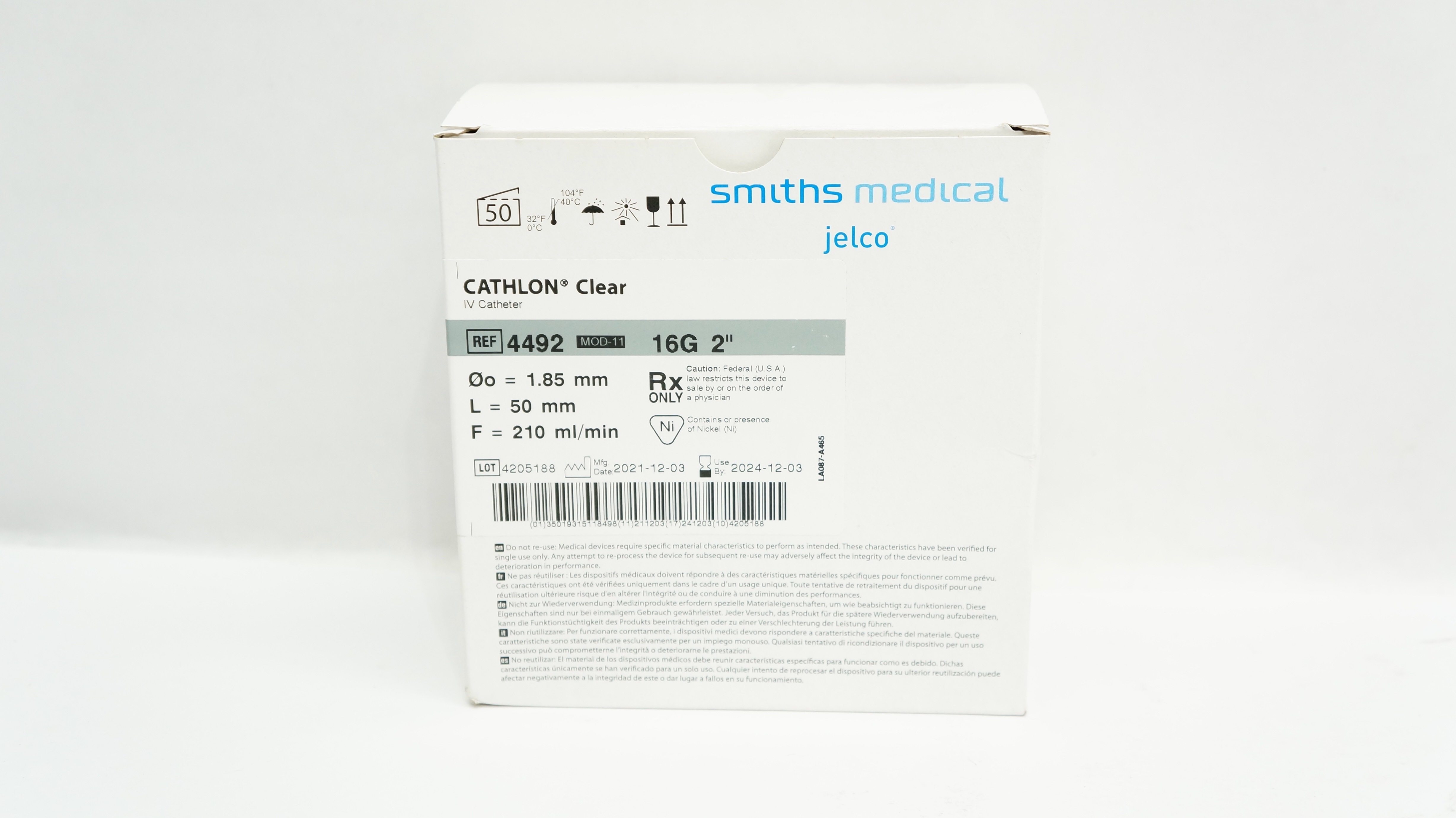 Smiths Medical 4492 Jelco Cathlon Clear I.V. Cath. 16G x 2inch - Box of 45