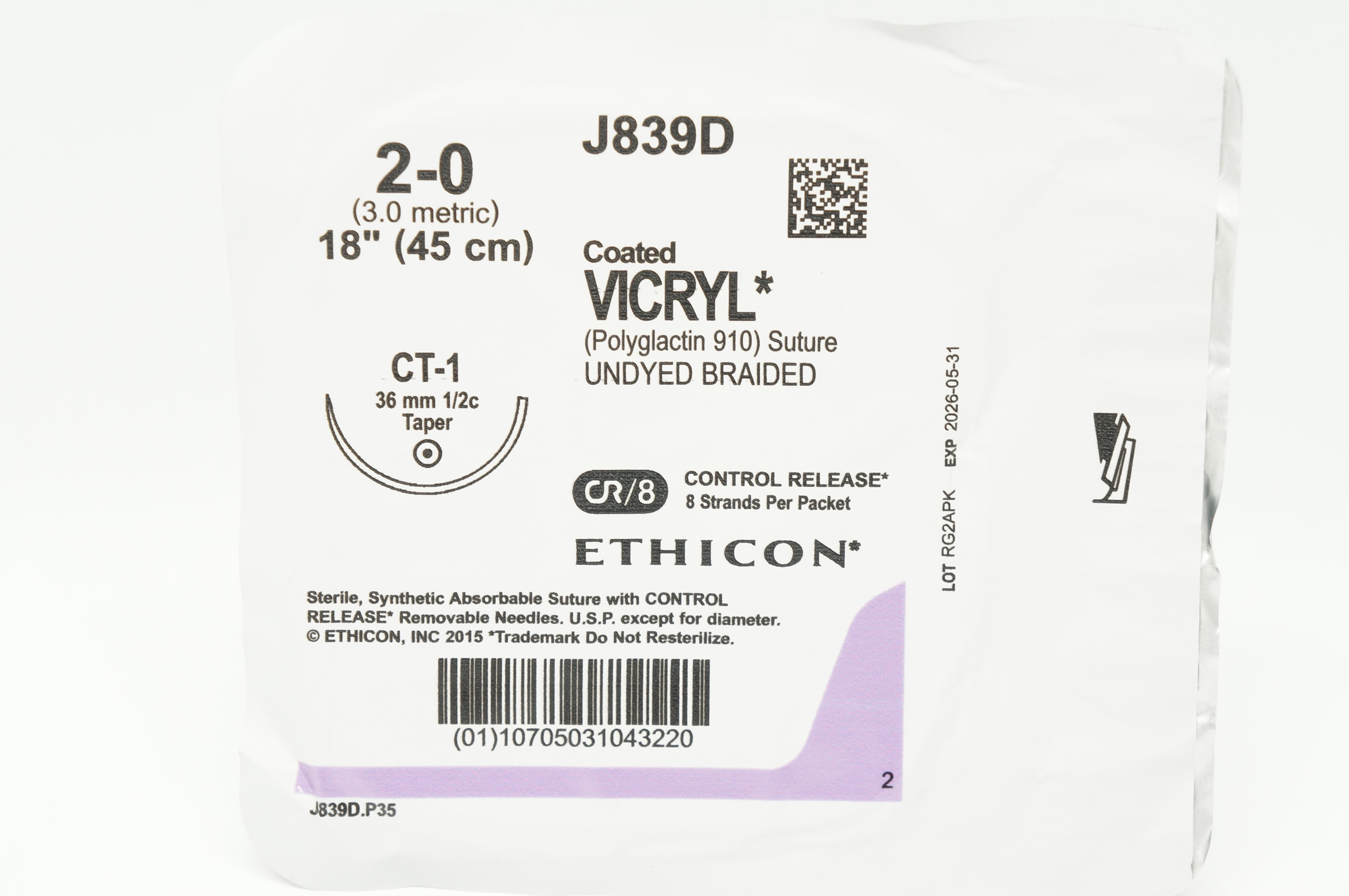 Ethicon J839D 2-0 Coated VICRYL Stre CT-1 36mm 1/2c Taper, 18 inch