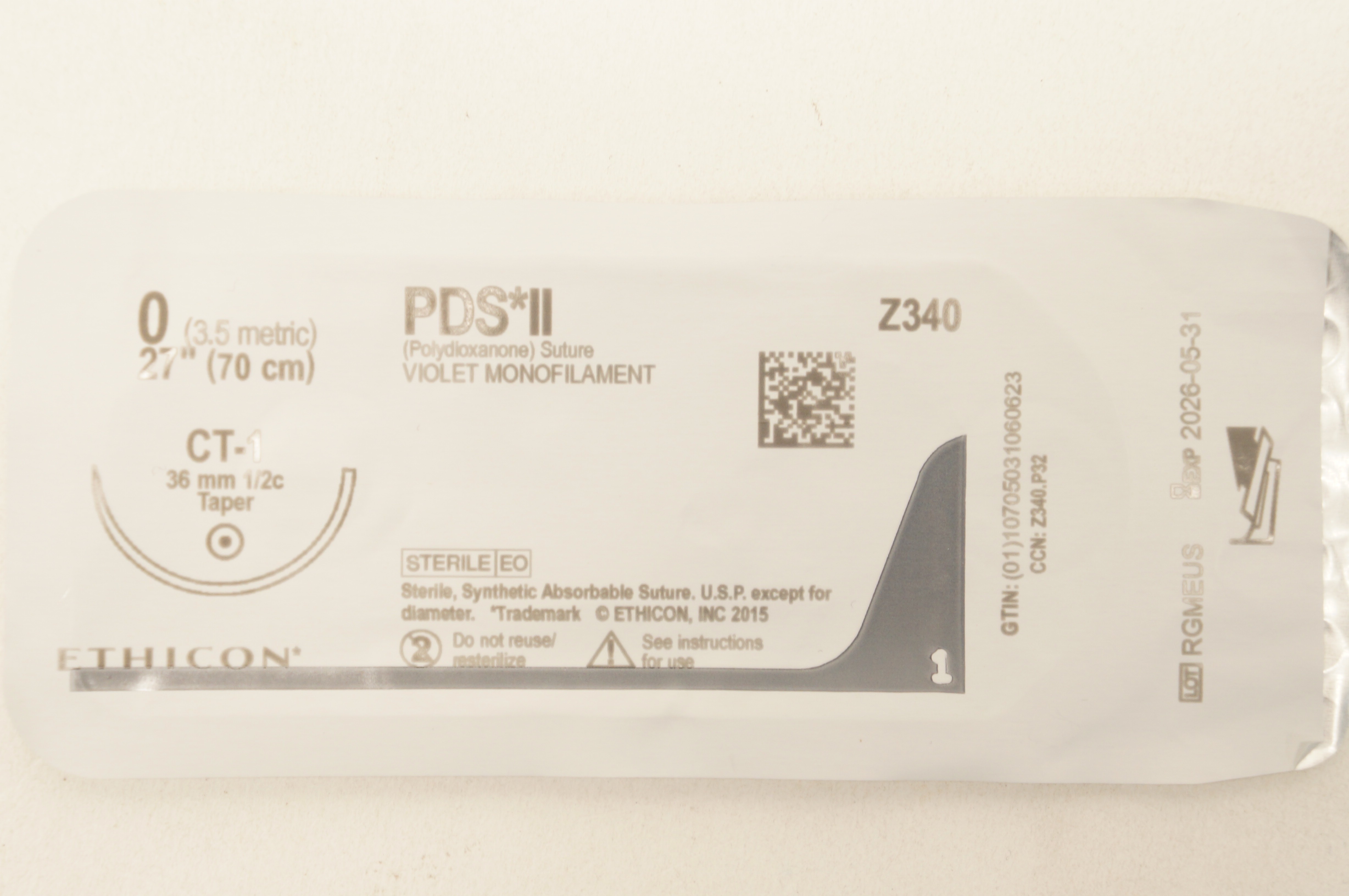 Ethicon Z340 0 PDS II Polydioxanone Stre CT-1 36mm 1/2c Taper 27inch
