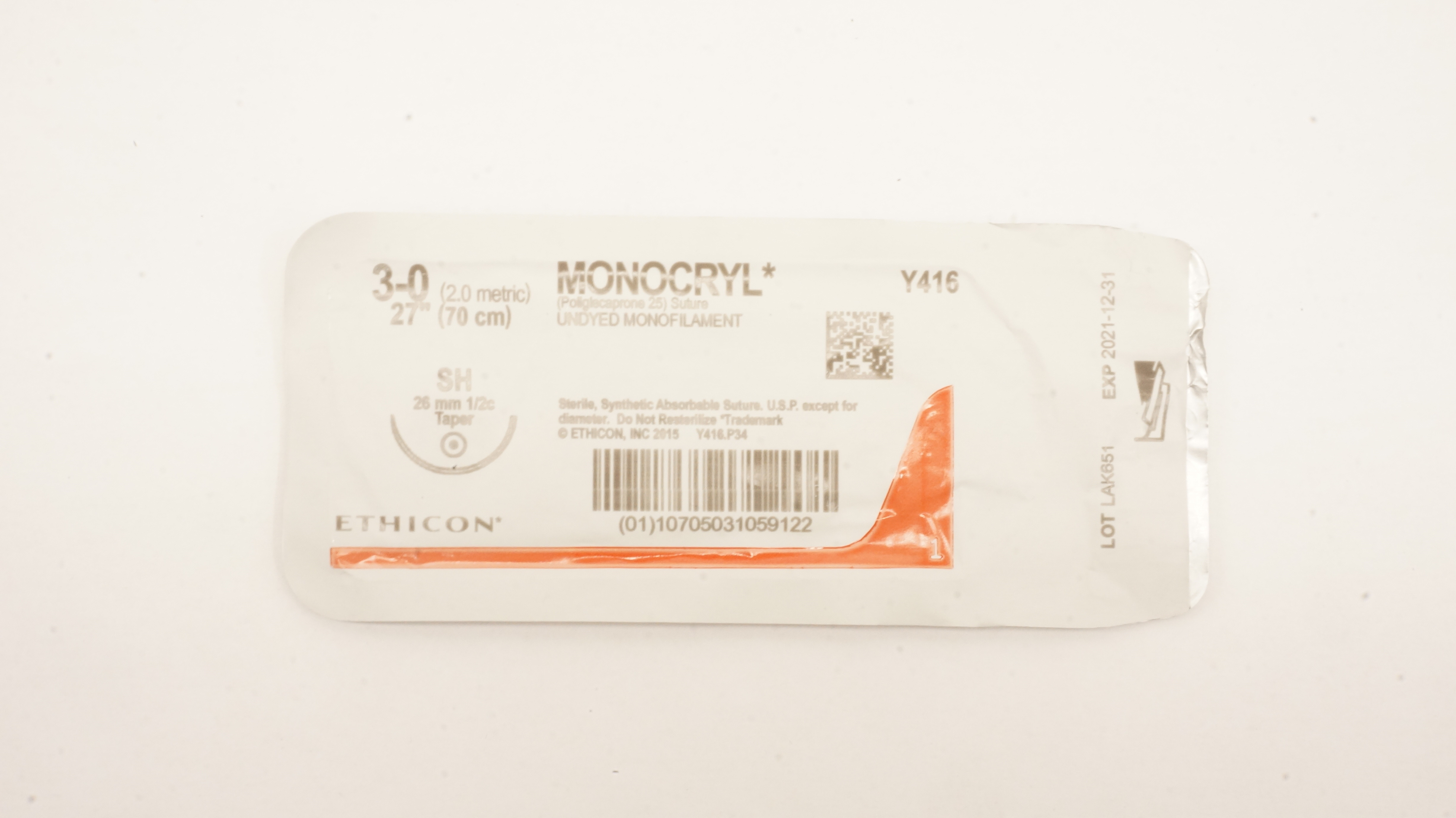 Ethicon Y416 3-0 Monocryl Poliglecaprone 25 Stre SH 26mm 1/2c Taper, 27 inch