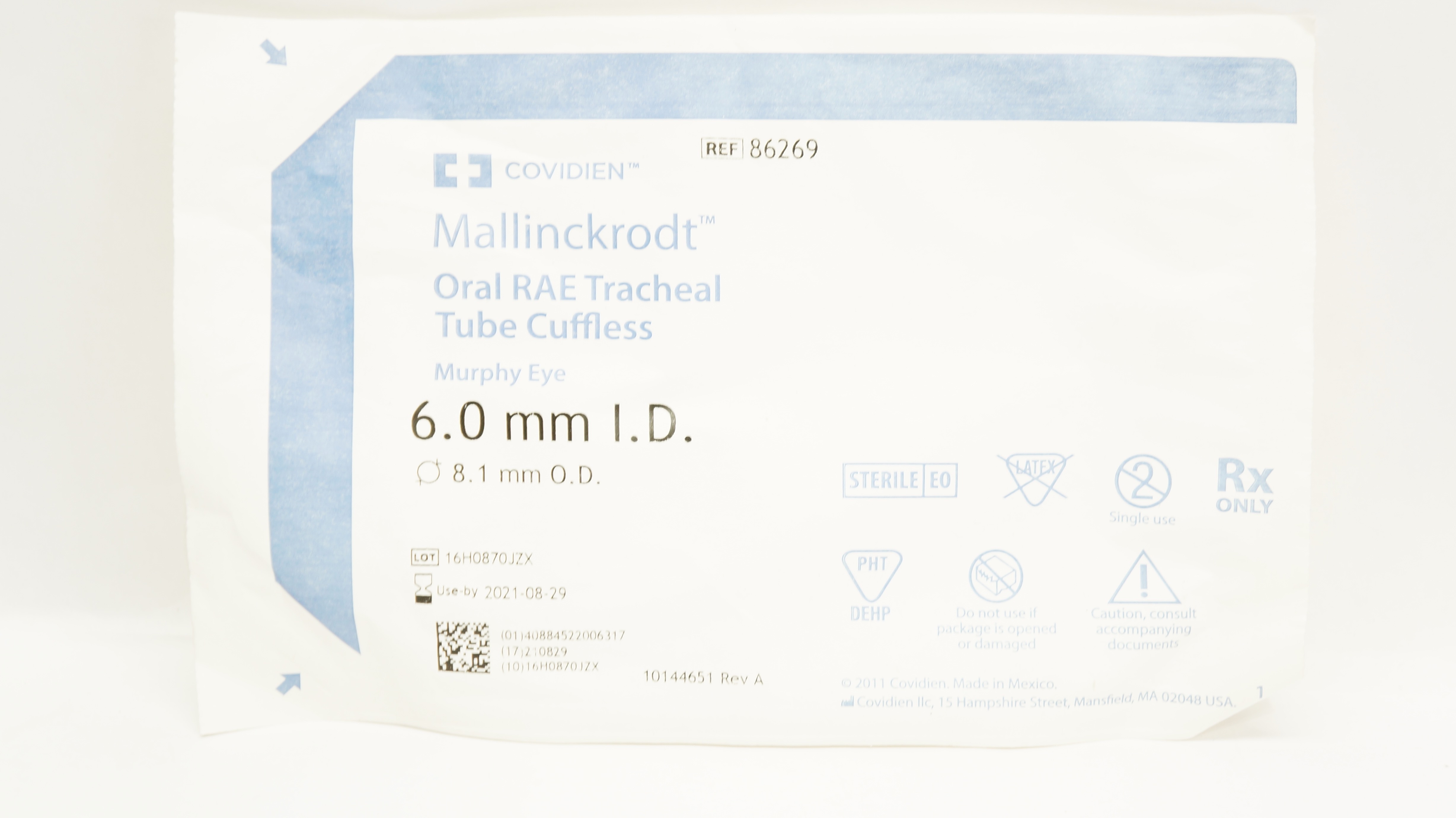 Covidien 86269 Mallinckrodt Oral RAE Tracheal Tube Cuffless 6.0 ID x 8.1mm OD(x)