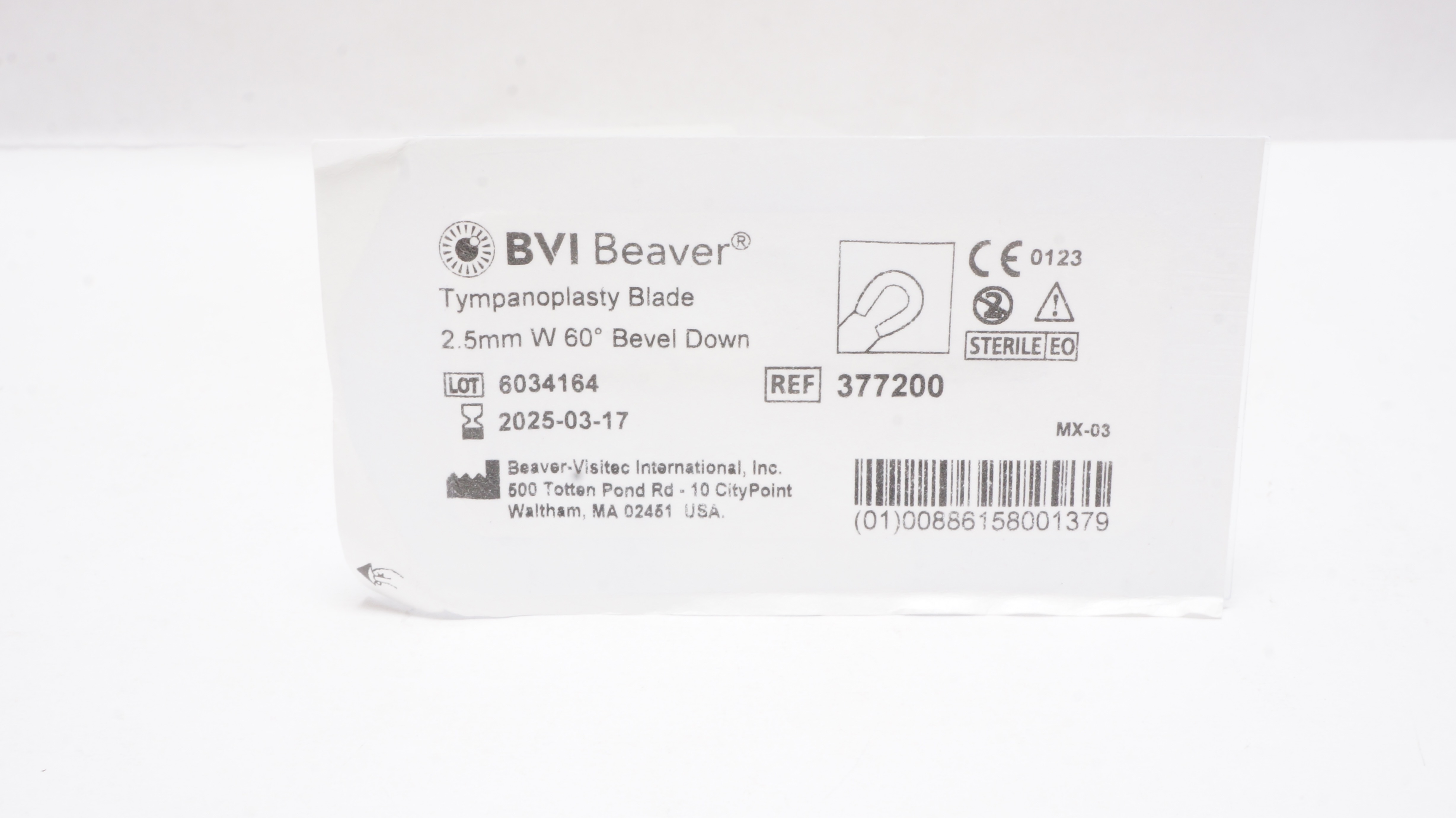 BVI Beaver Visitec 377200 Tympanoplasty Blade 2.5mm W 60° Bevel Down