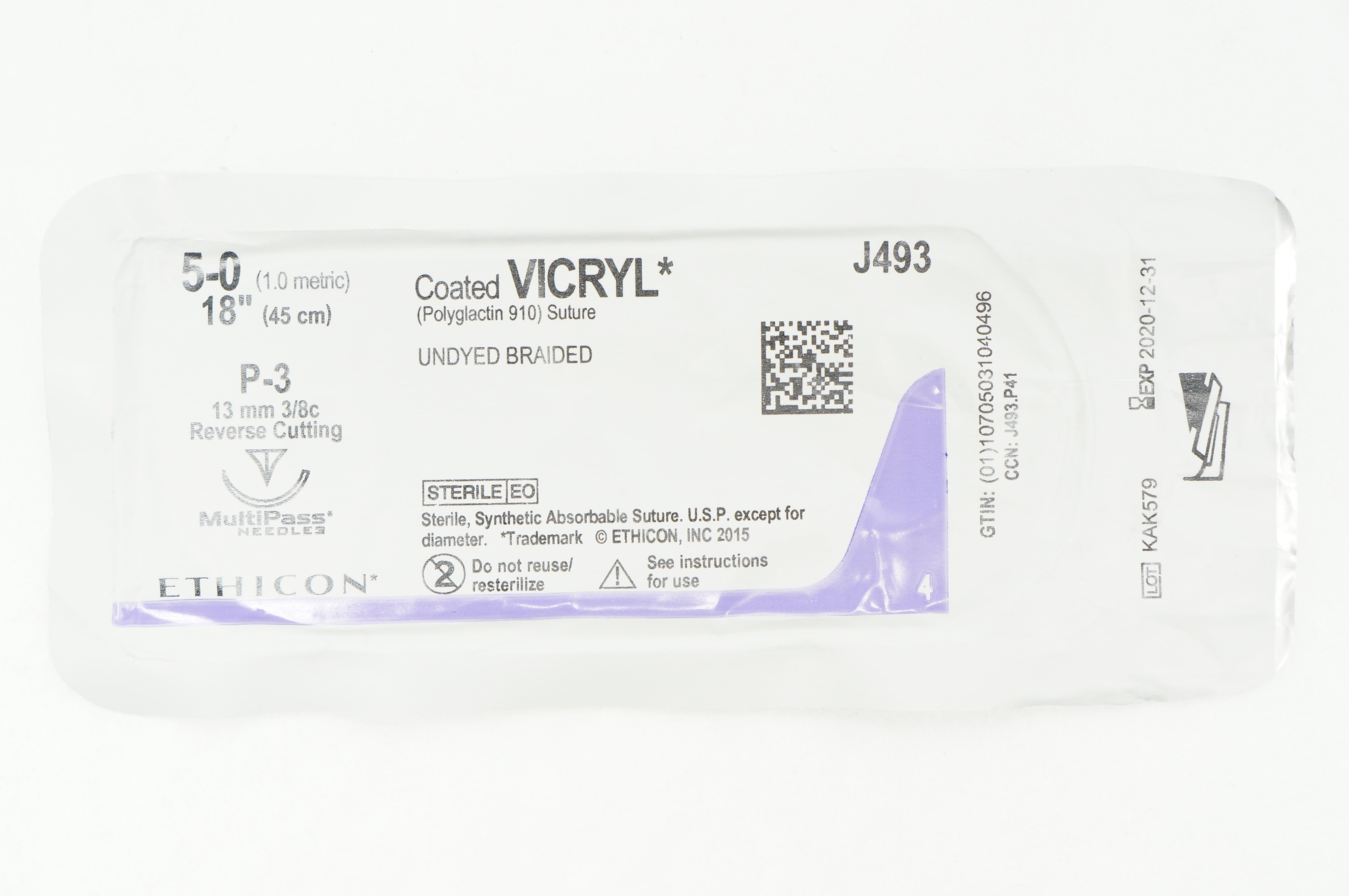 Ethicon J493 5-0 VICRYL P-3, 13mm 3/8c Reverse Cutting, 18inch (x)