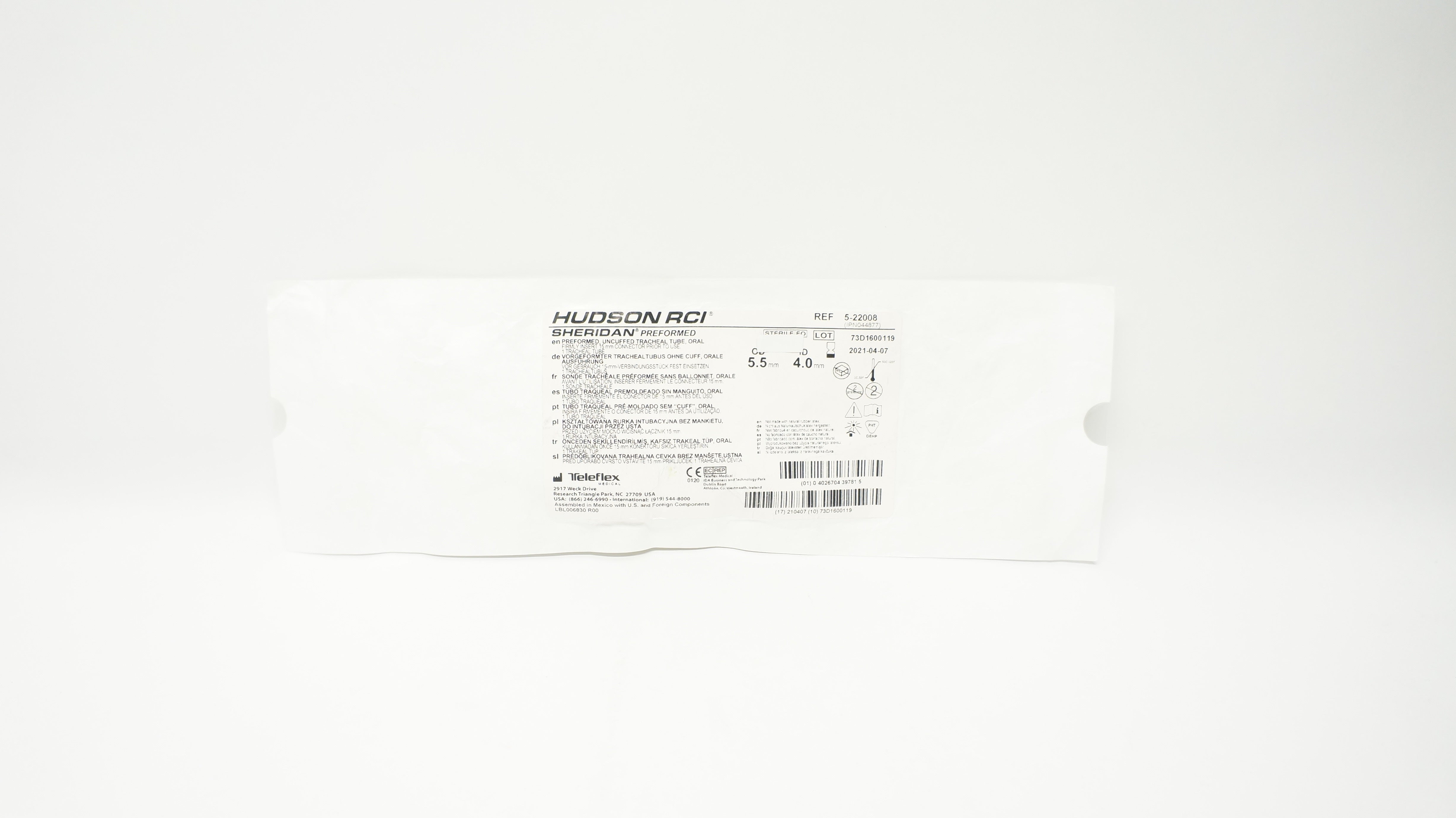 Teleflex 5-22008 Hudson RCI Preformed Uncuffed Tracheal Tube 4.0ID x 5.5mmOD (x)