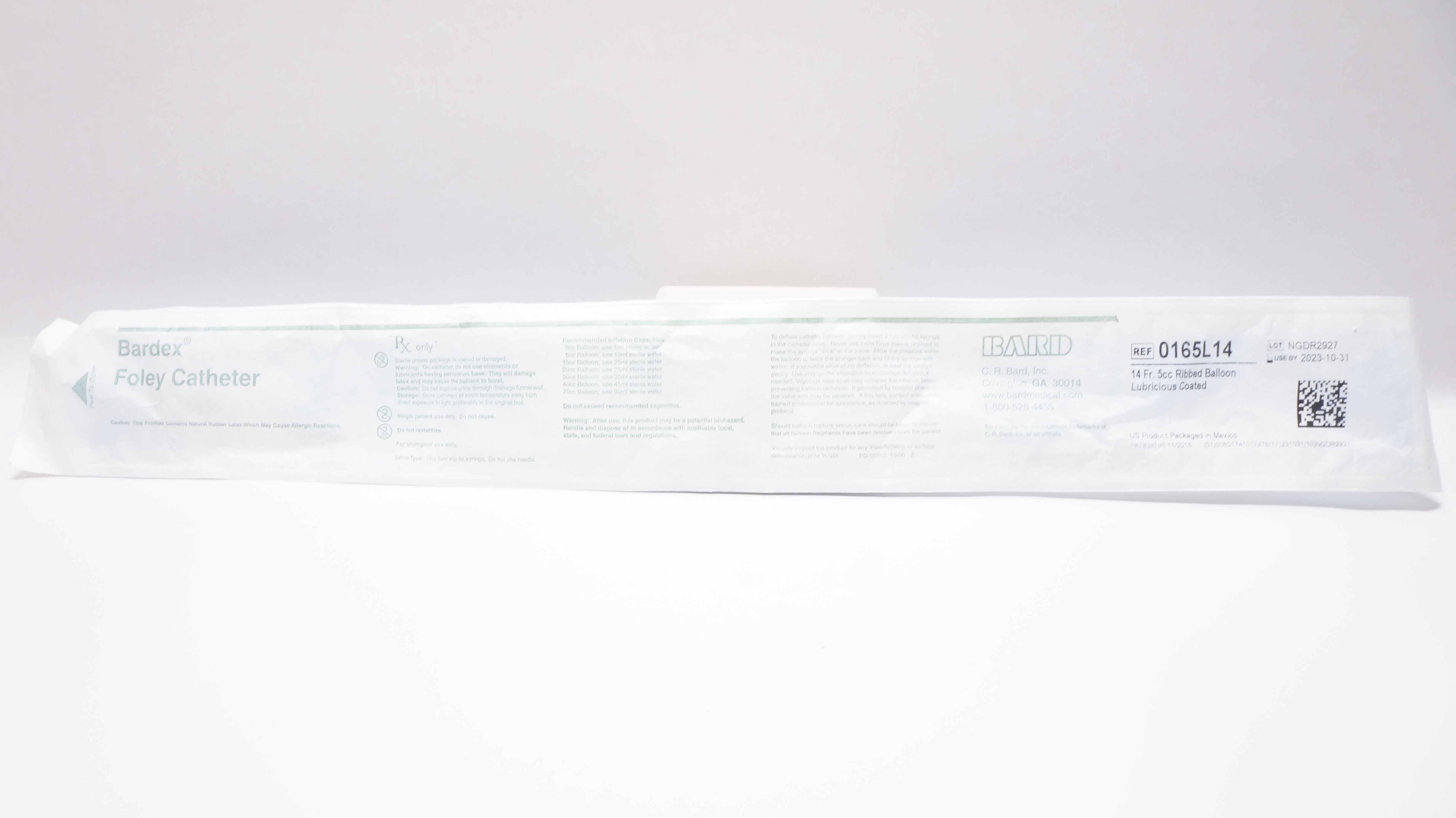 Bard 0165L14 Bardex Foley Cath. 14Fr 5cc Ribbed Balloon Lubricious Coated (x)