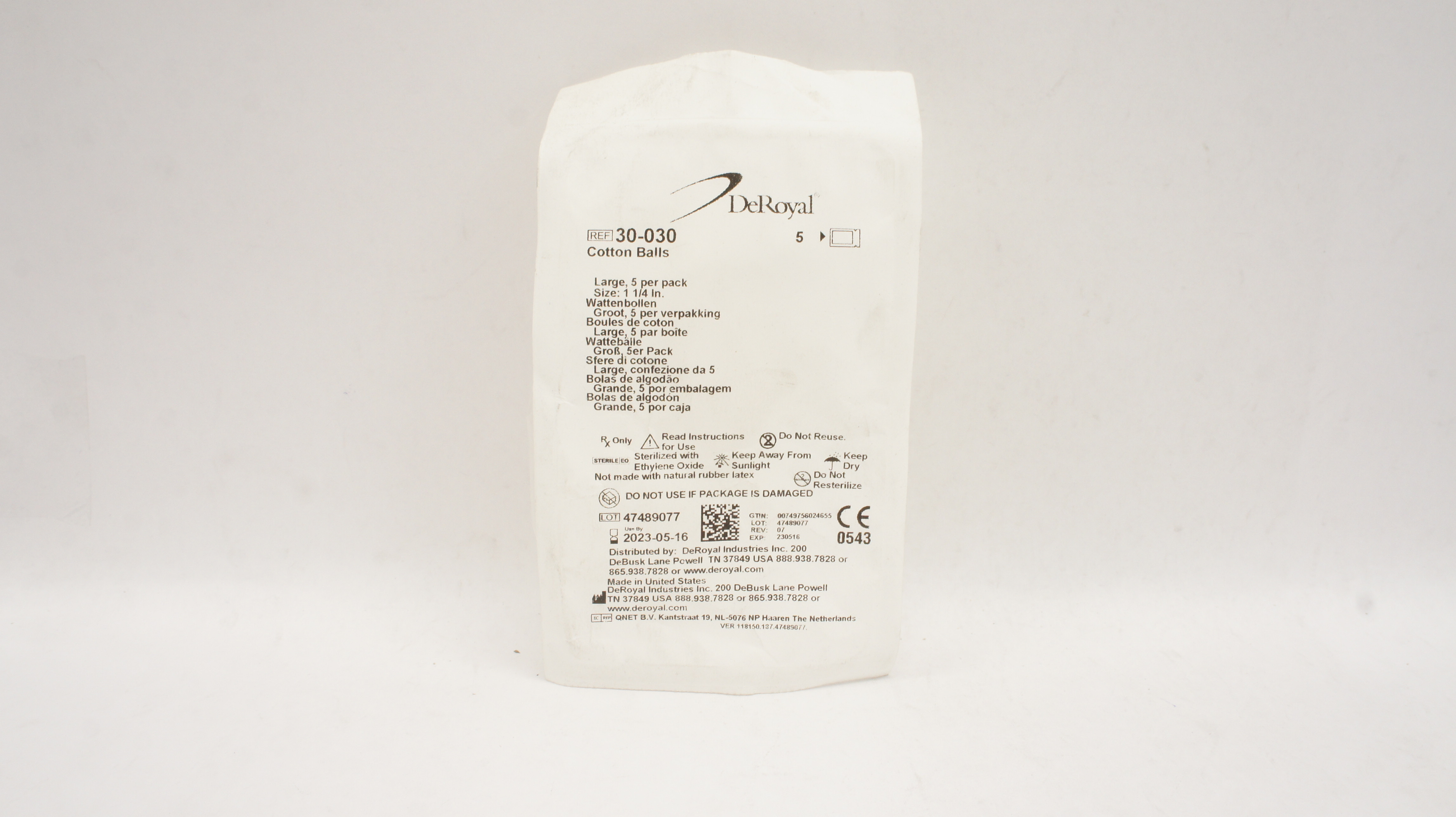 DeRoyal 30-030 Cotton Balls Large Size 1-1/4inch (x)- Pack of 5