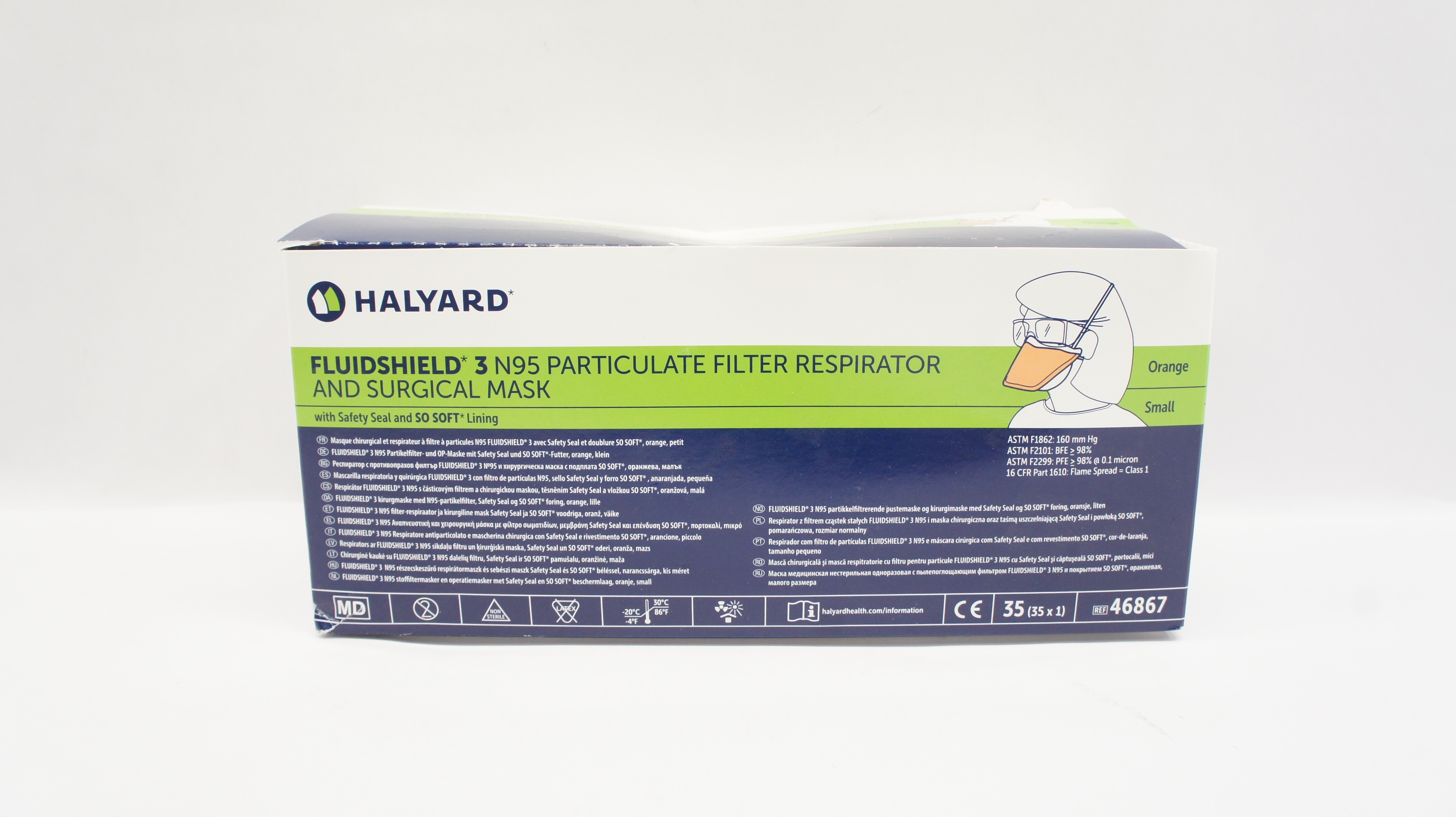 Halyard 46867 Fluidshield 3 N95 Particulate Filter Respirator Small - Box of 35