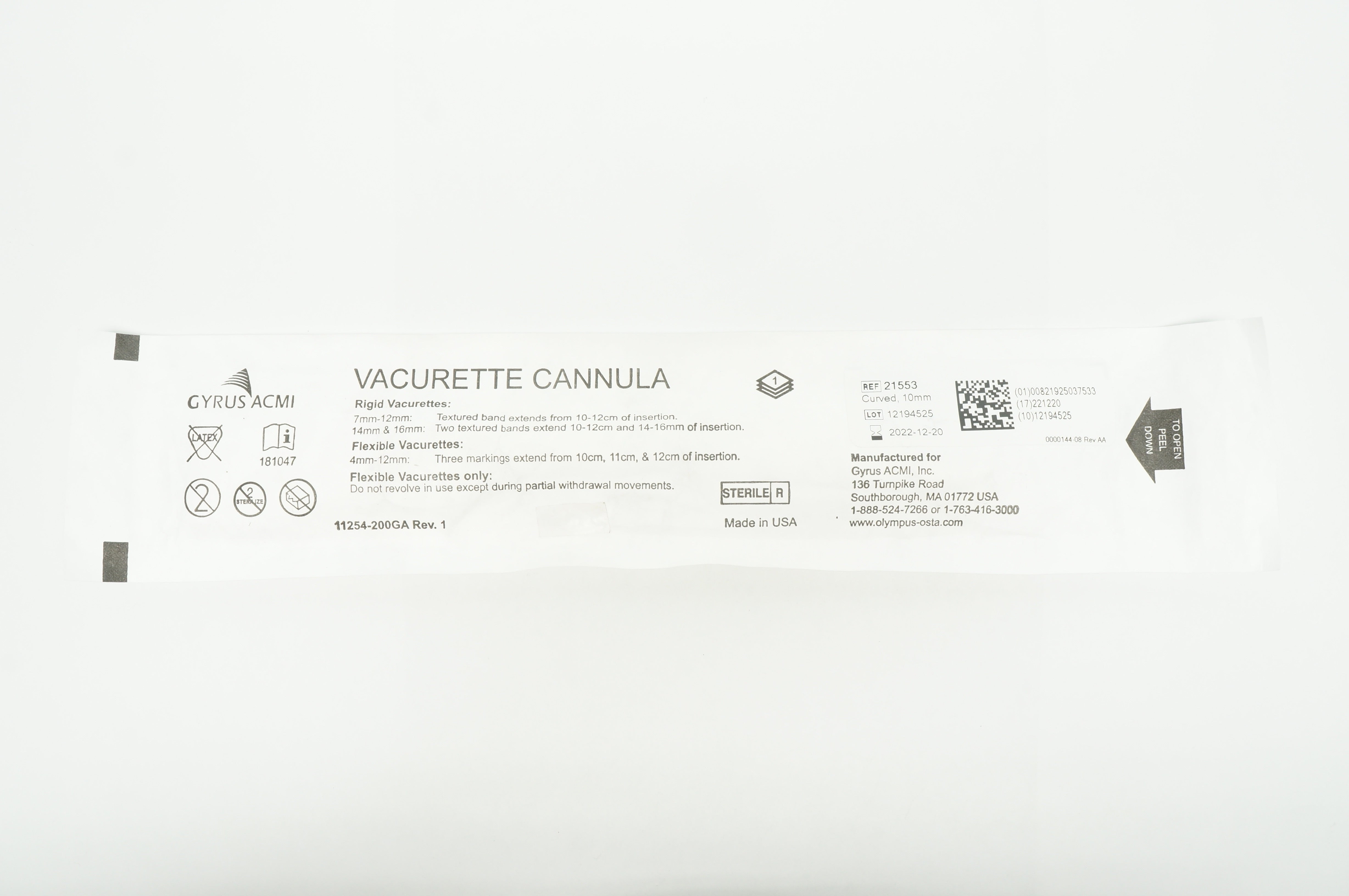 Gyrus ACMI 21553 Vacurette Cannula Curved Rigid OD 10mm