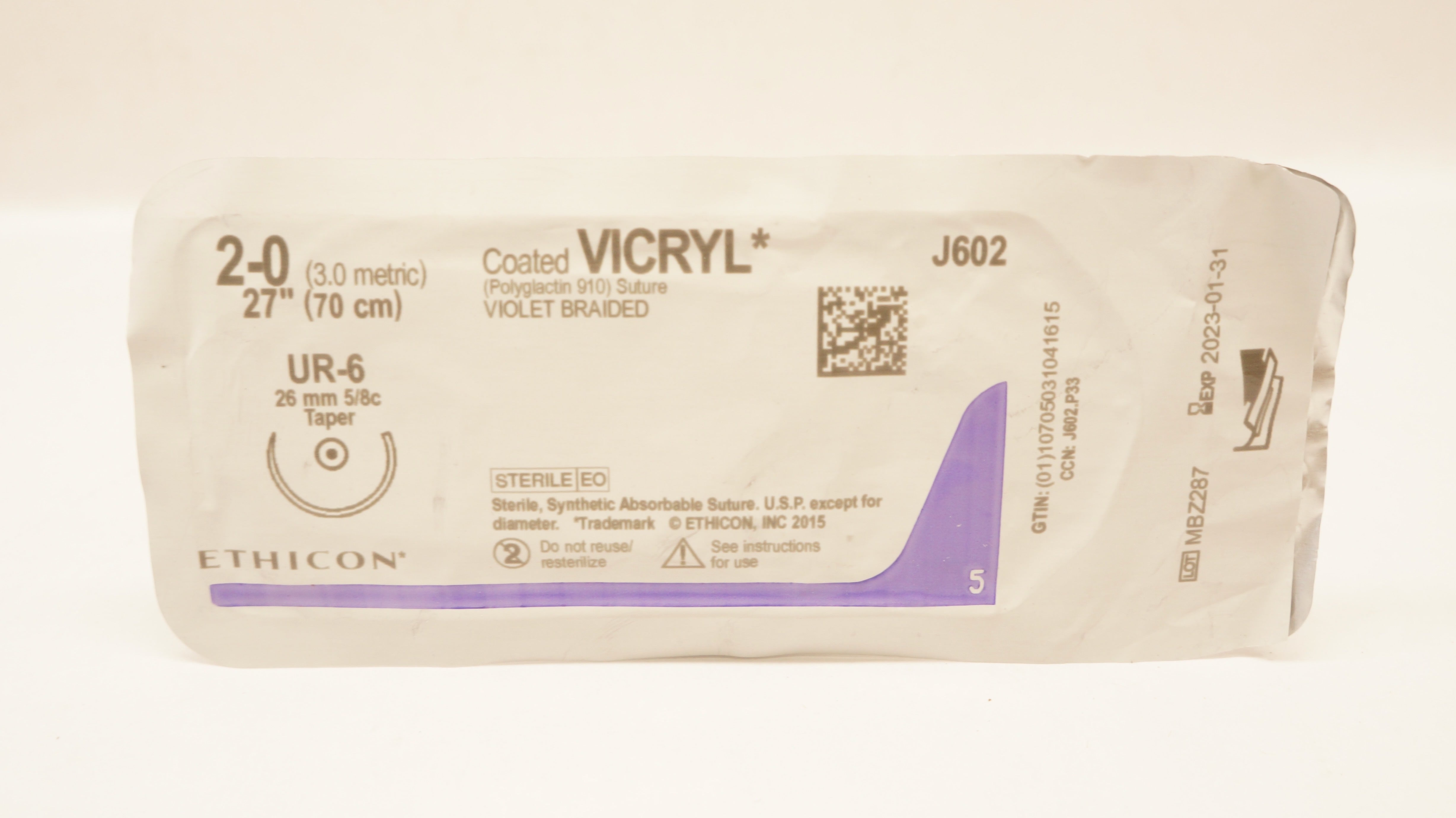 Ethicon J602 2-0 Coated VICRYL, UR-6, 26mm 5/8c Taper, 27inch (x)