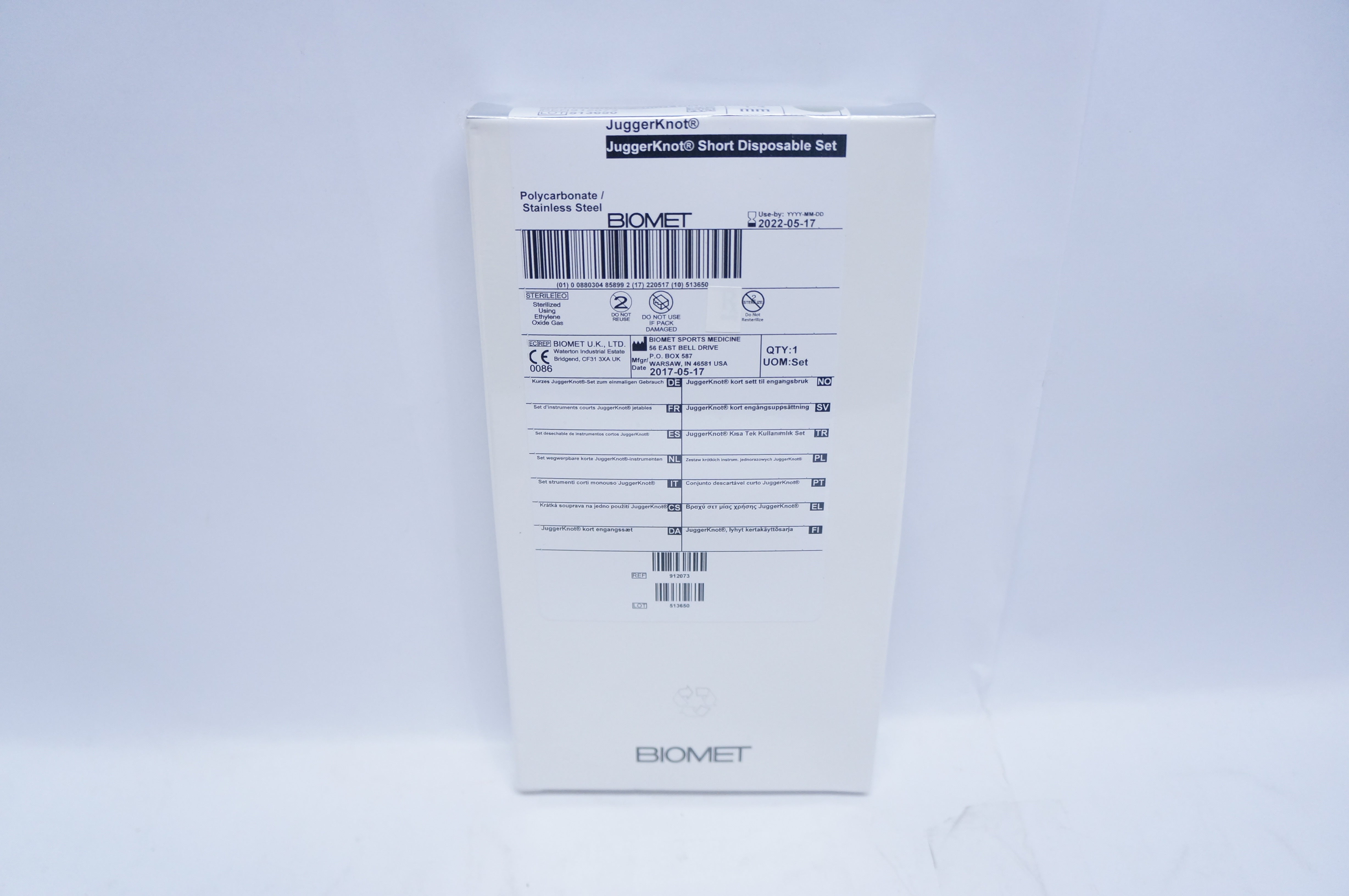 Biomet 912073 JuggerKnot Short Disp. Set Polycarbonate/Stainless Steel 1.4mm