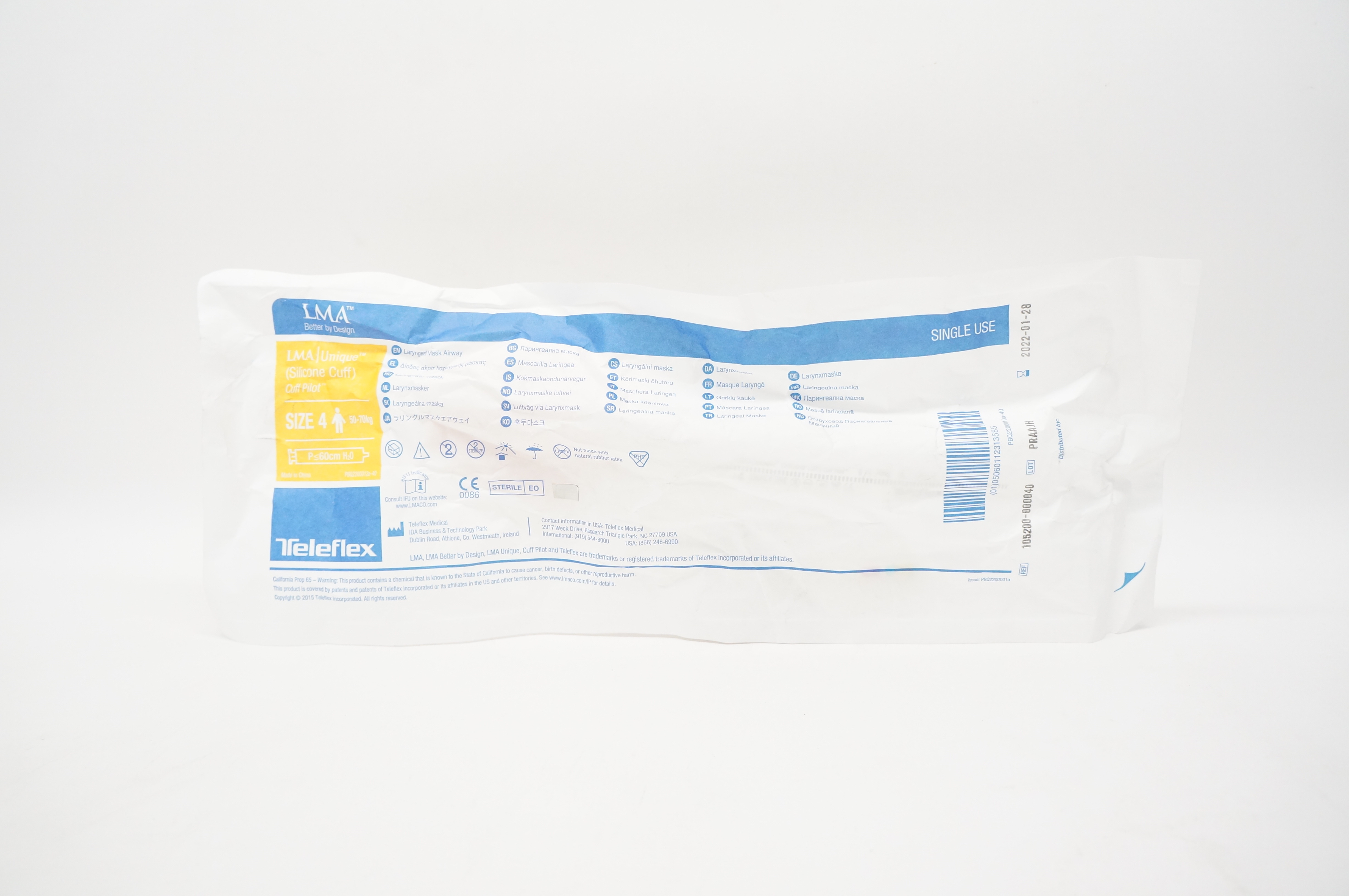 Teleflex 105200-000040 LMA Unique Cuff Pilot Laryngeal Mask Size 4 50-70kg (x)