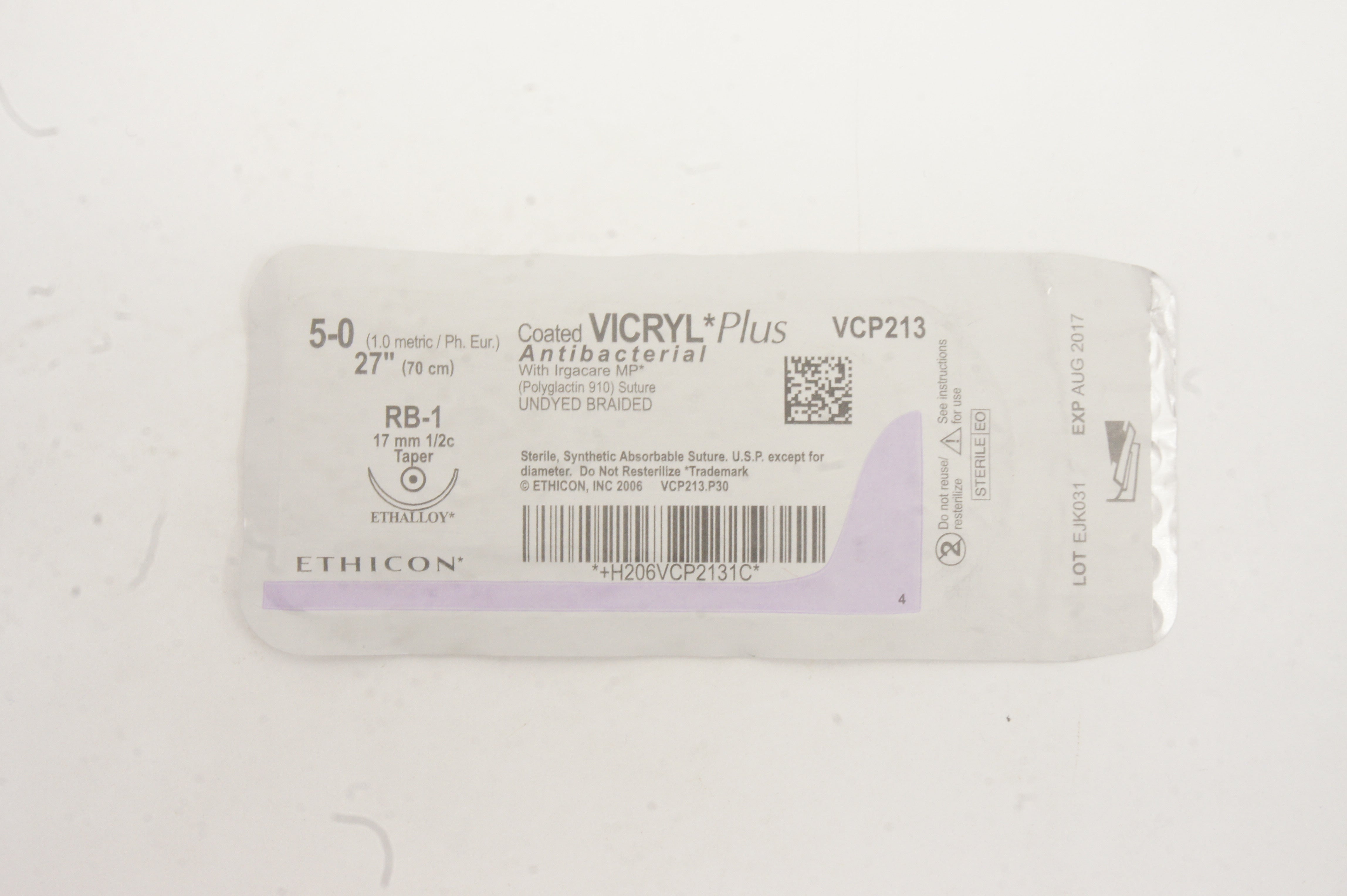 Ethicon VCP213 5-0 VICRYL Plus, RB-1, 17mm 1/2c Taper, 27inch (x)