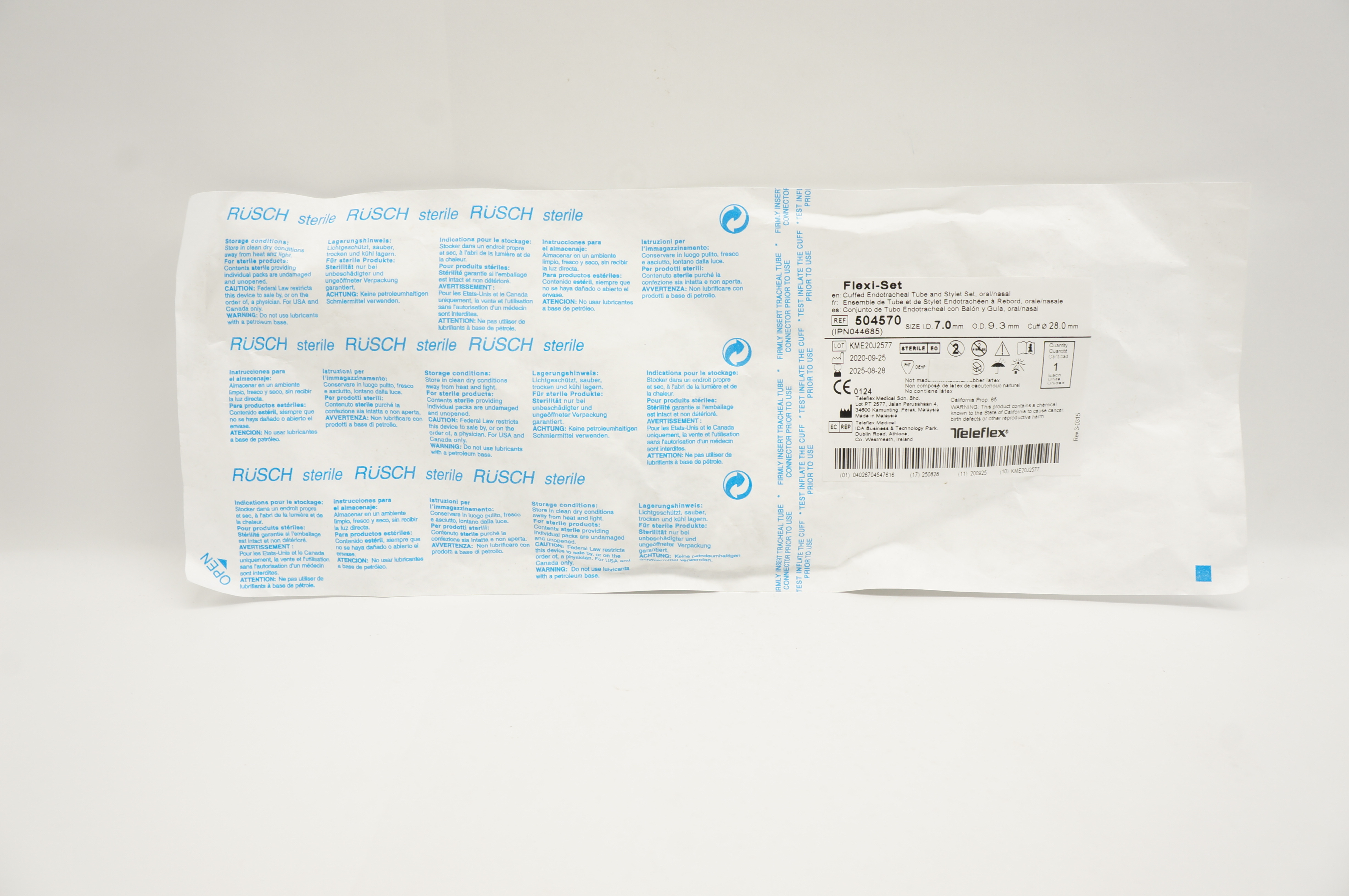 Teleflex 504570 Flexi-Set Endotracheal Tube & Stylet 7.0 ID x 9.3mm OD x 28.0mm