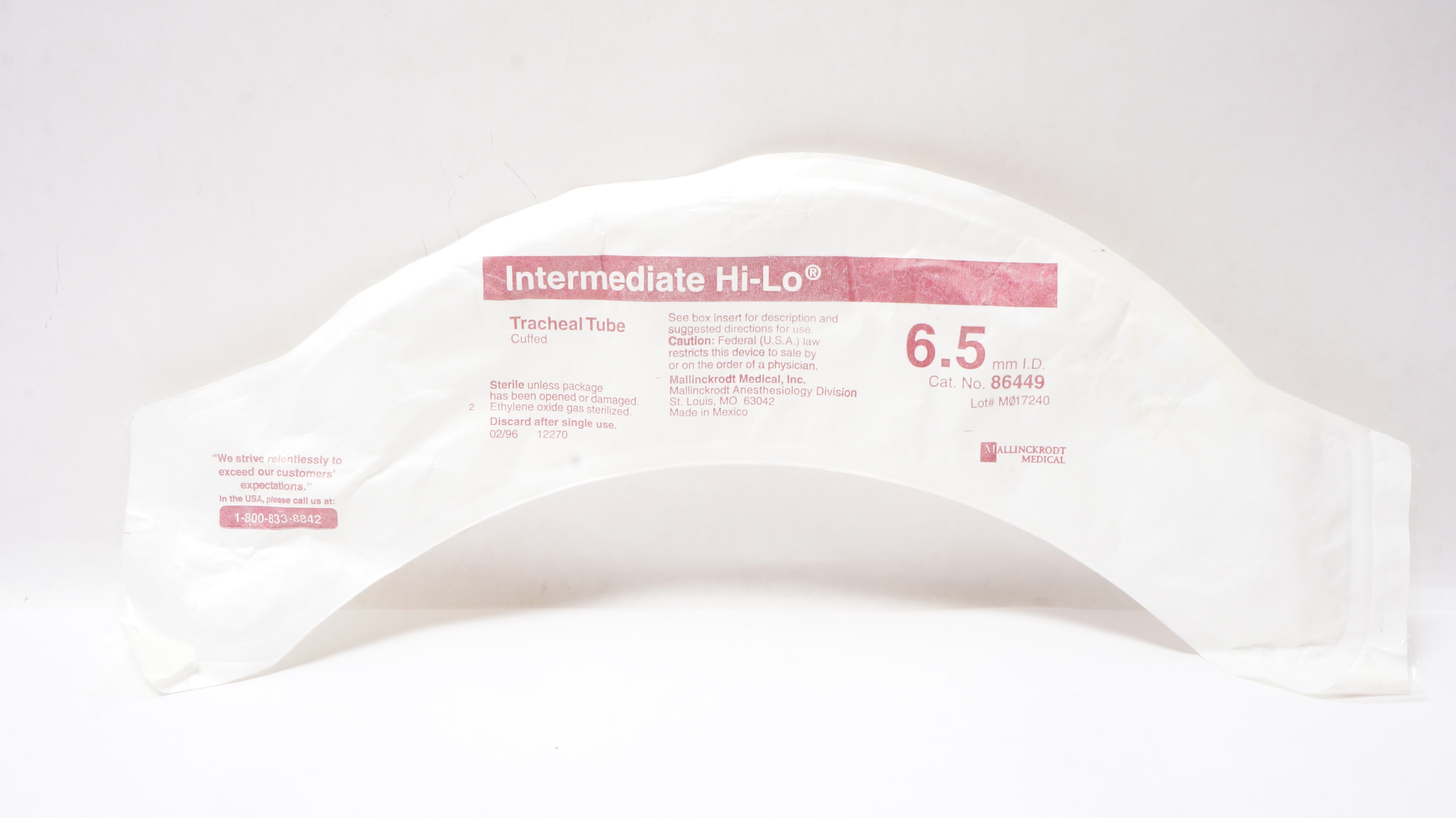 Mallinckrodt 86449 Intermediate Hi-Lo Tracheal Tube Cuffed 6.5mm I.D.
