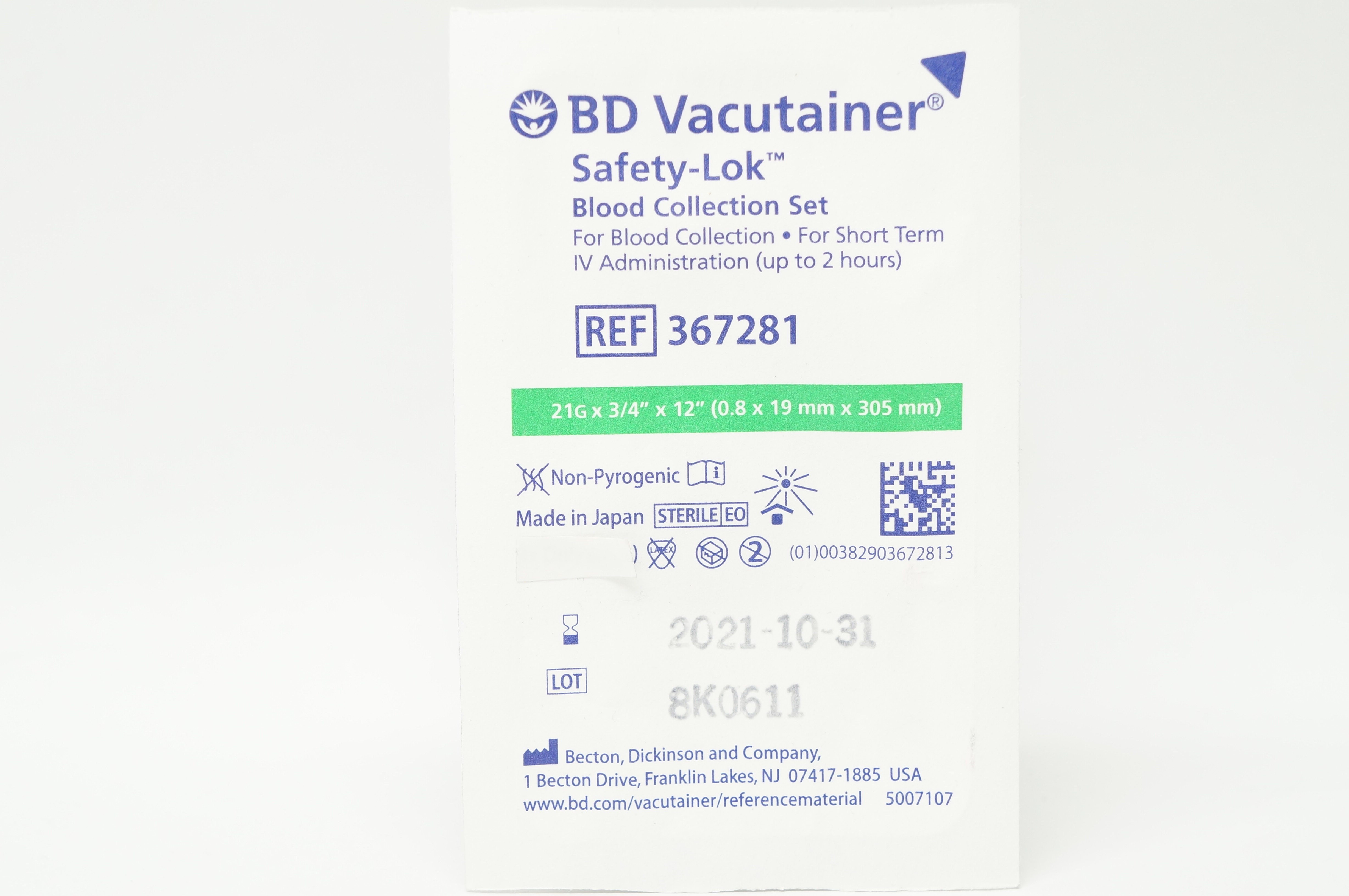 BD 367281 Safety-Lok Blood Collection Set 21G x 3/4inch x 12inch (x)