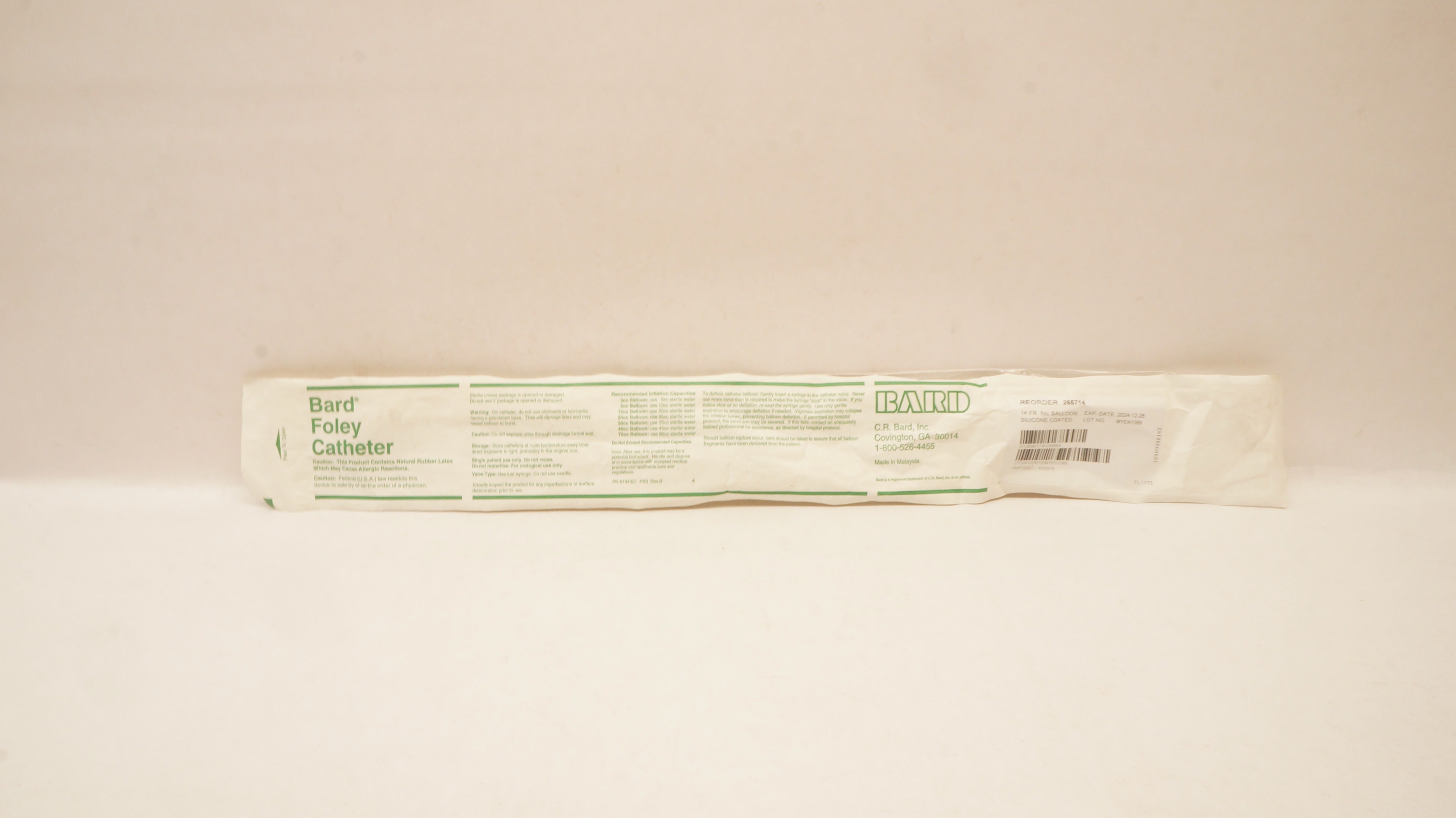 Bard 265714 Foley Catheter 14Fr 5cc Balloon Silicone Coated